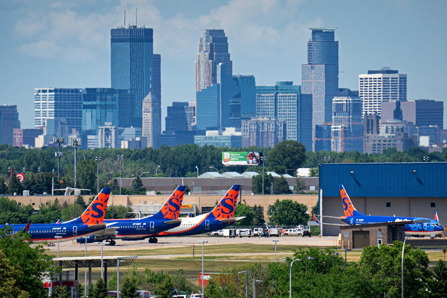 Sun Country jets on the tarmac at their Minneapolis St. Paul International Airport headquarters.