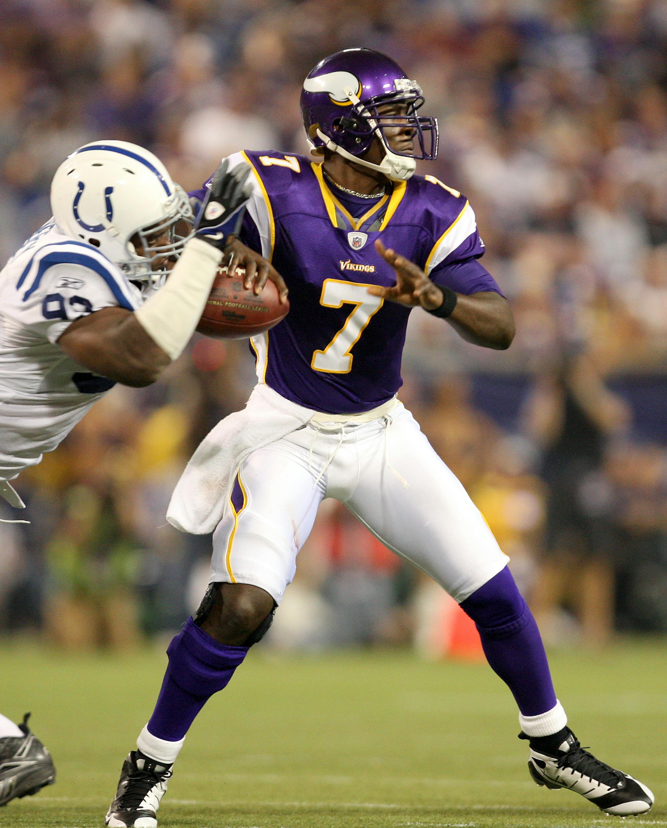 Colts end Dwight Freeney stripped Vikings quarterback Tarvaris Jackson of the ball in the third quarter.