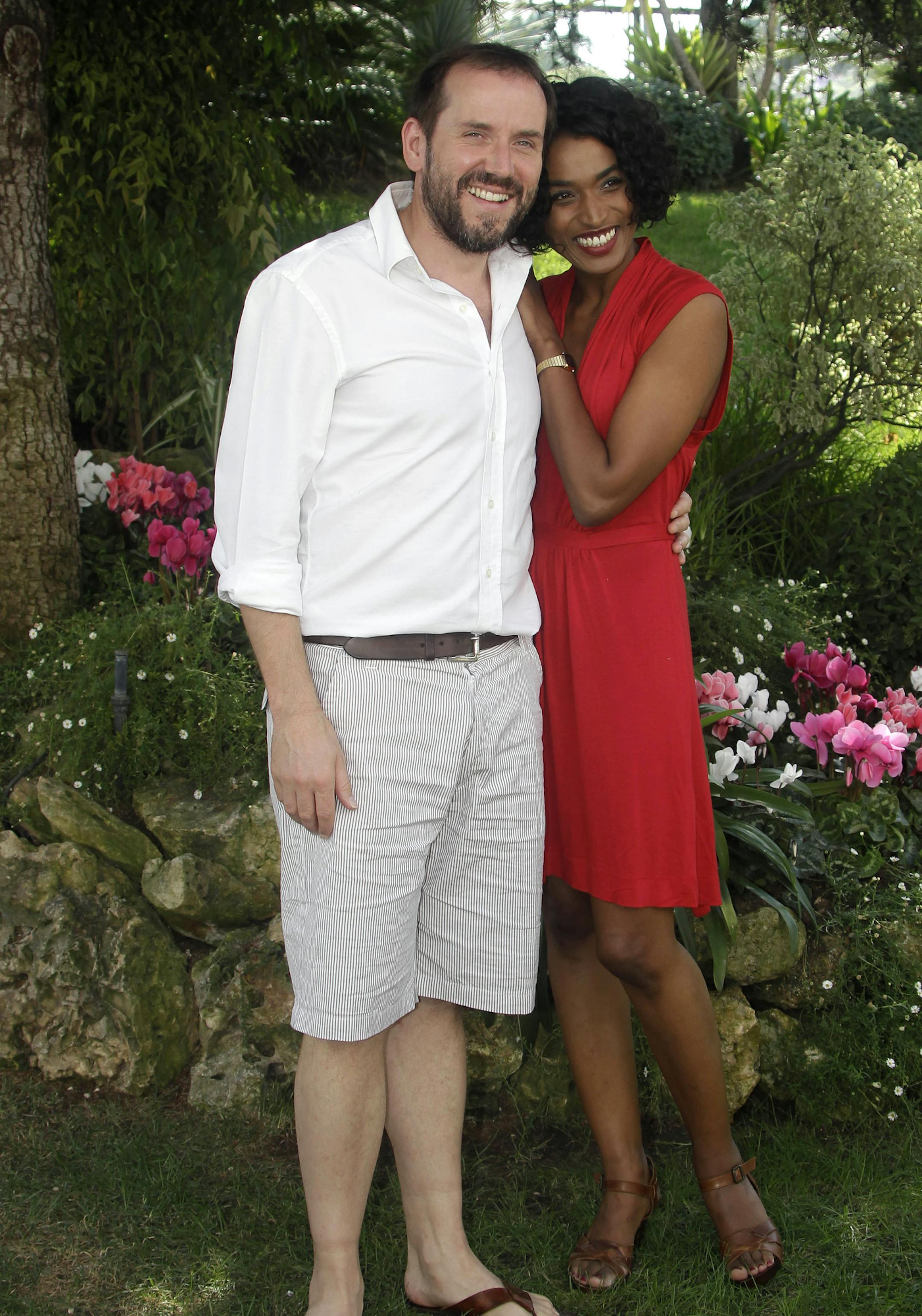 French actress Sara Martins and British actor and comedian Ben Miller pose as they launche a new drama series "Death in Paradise" during the 27th MIPCOM (International Film and Programme Market for Tv, Video,Cable and Satellite) in Cannes, southeastern France, Tuesday, Oct. 4, 2011. (AP Photo/Lionel Cironneau) ORG XMIT: XCIR130