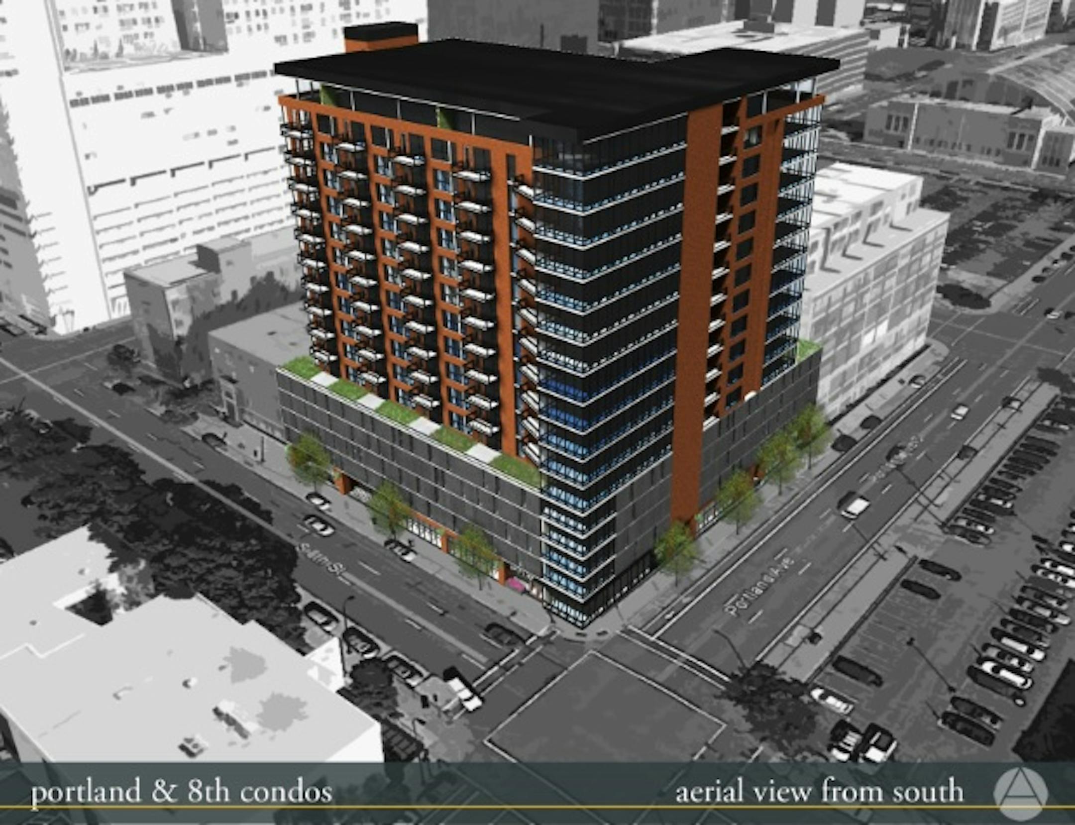 The latest rendering of Portland Tower to be built at the corner of Portland Avenue and 8th. Rendering is by Oertel Architects.