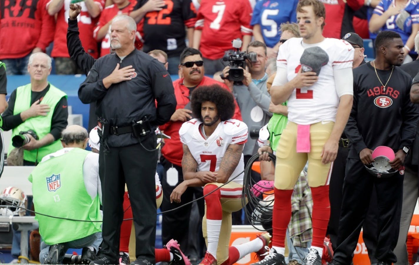 San Francisco 49ers quarterback Colin Kaepernick (7) kneels during the national anthem before an NFL football game against the Buffalo Bills on Sunday, Oct. 16, 2016, in Orchard Park, N.Y.