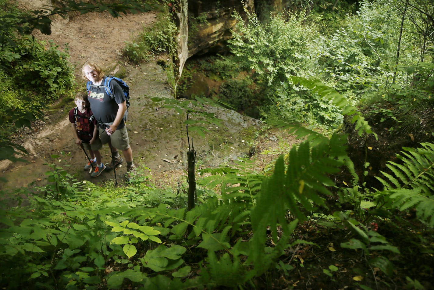 Hiking guide author Rob Bignell and his son Kieran Bignell at Fairy Falls August 31 2015 in Stillwater, MN. ] Jerry Holt/ Jerry.Holt@Startribune.com