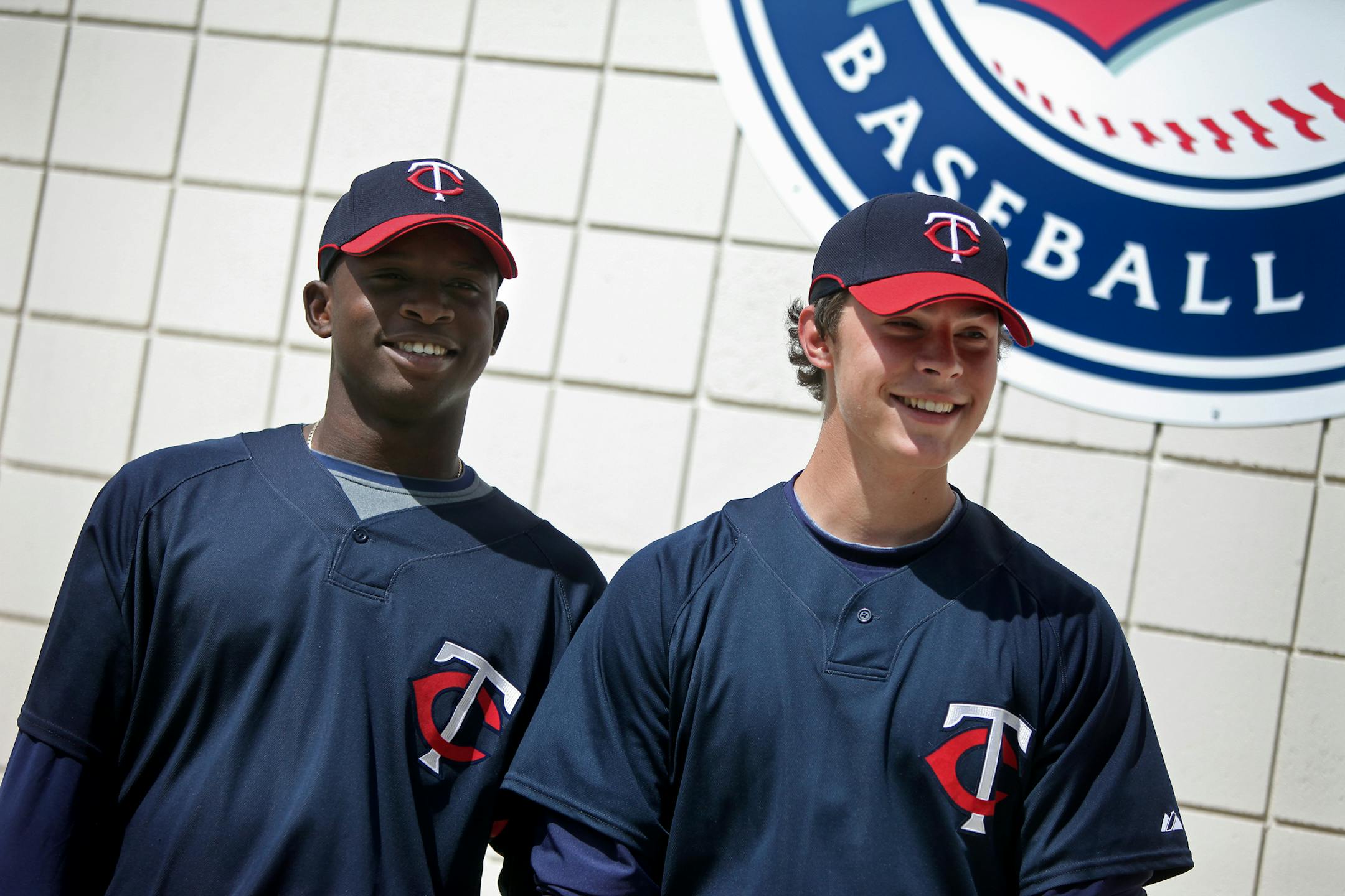 ELIZABETH FLORES � eflores@startribune.com March 3, 2010 -Fort Myers, FL IN THIS PHOTO: ] Minnesota Twins Miguel Angel Sano, a Dominican shortstop considered by many as the top free agent teenage prospect in Latin America, left, and Max Kepler were all smiles for the team's photographer during a recent shoot.