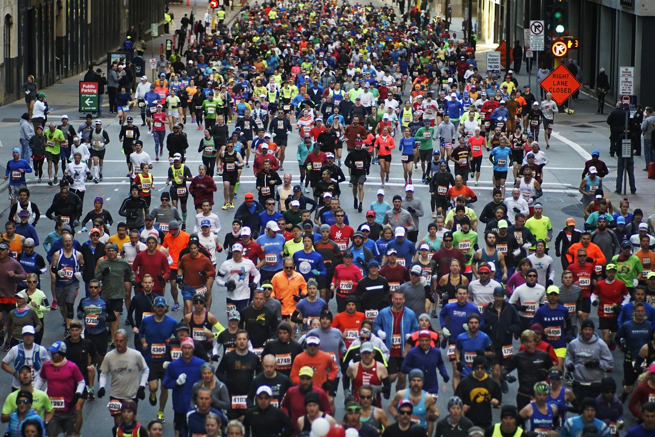Runners were off in the 26.2 race.] Coverage of the Twin Cities Marathon. The race starts early at U.S. Bank Stadium and finishes at the Capitol.Richard Tsong-Taatarii/rtsong-taatarii@startribune.com
