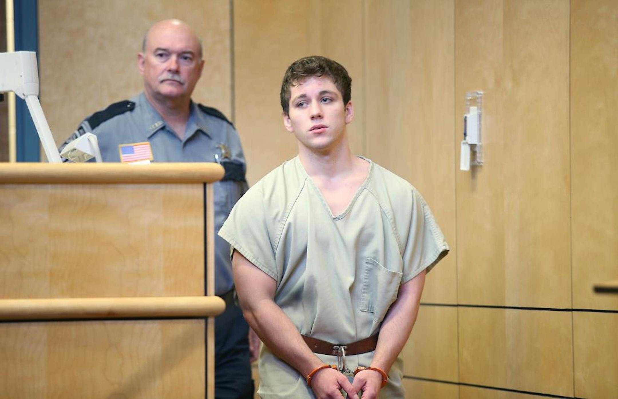 Minnesotan Levi Acre-Kendall made his way into court as Judge Molly E. GaleWyrick listened to arguments in the case against Acre-Kendall in the April stabbing of Peter Kelly, Wednesday, July 15, 2015 in Balsam Lake, Wis.