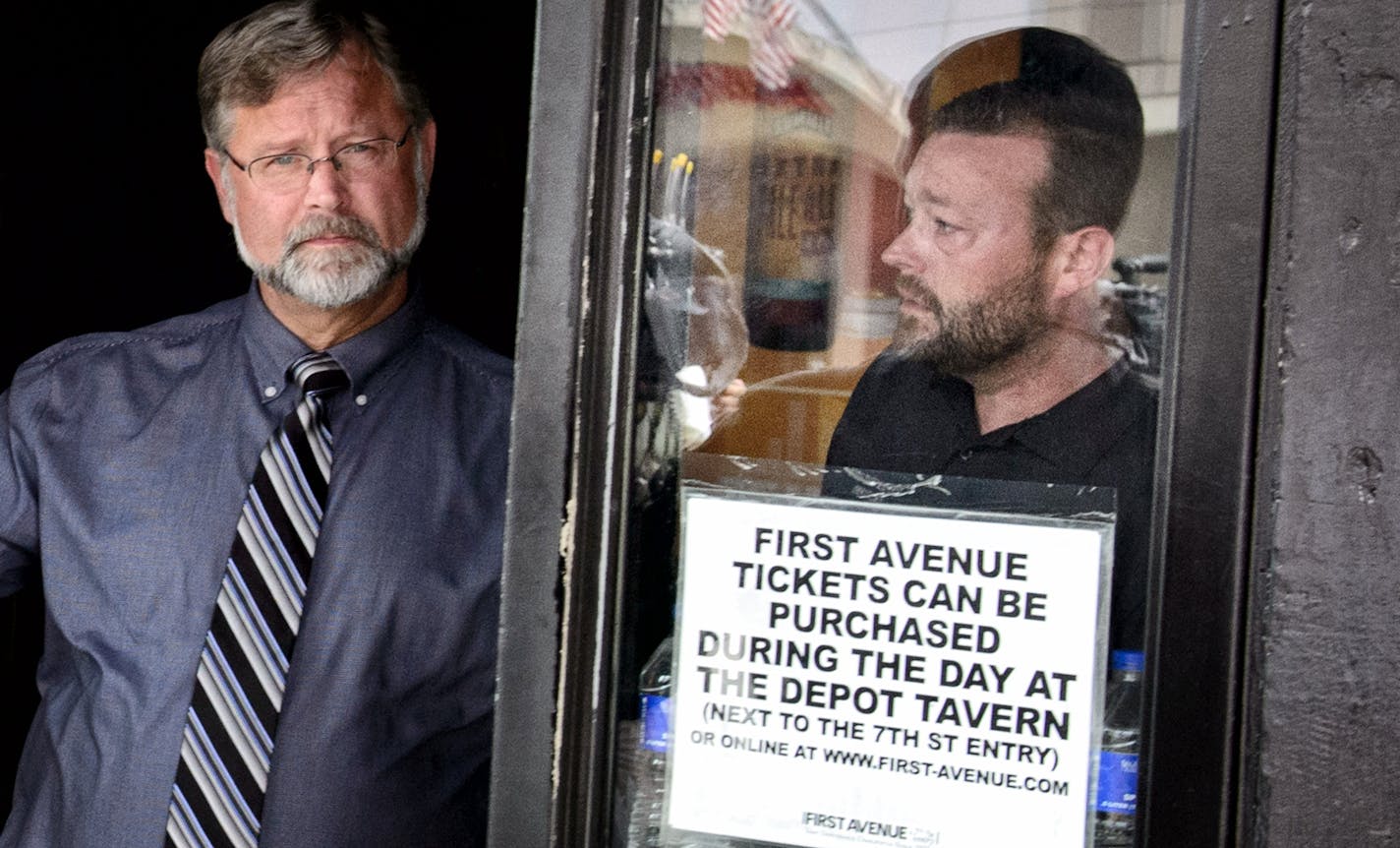 City Building Inspector Patrick Higgins, left, and City Fire Inspector Kris Johnson talked about the ceiling collapse Wednesday night at First Avenue in Minneapolis. ] GLEN STUBBE * gstubbe@startribune.com Thursday, August 13, 2015 EDS, for ID Patrick Higgins is wearing a tie.