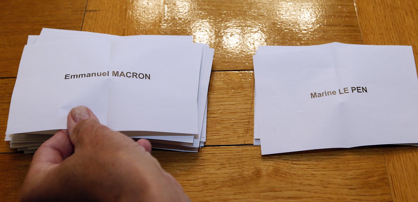 Voting station volunteers count ballots Sunday, May 7, 2017 in Saint-Jean-de-Luz, southwestern France. French voters decided Sunday whether to back pro-business independent Emmanuel Macron or far-right populist Marine Le Pen as their next president. (AP Photo/Bob Edme) ORG XMIT: MIN2017050815505836