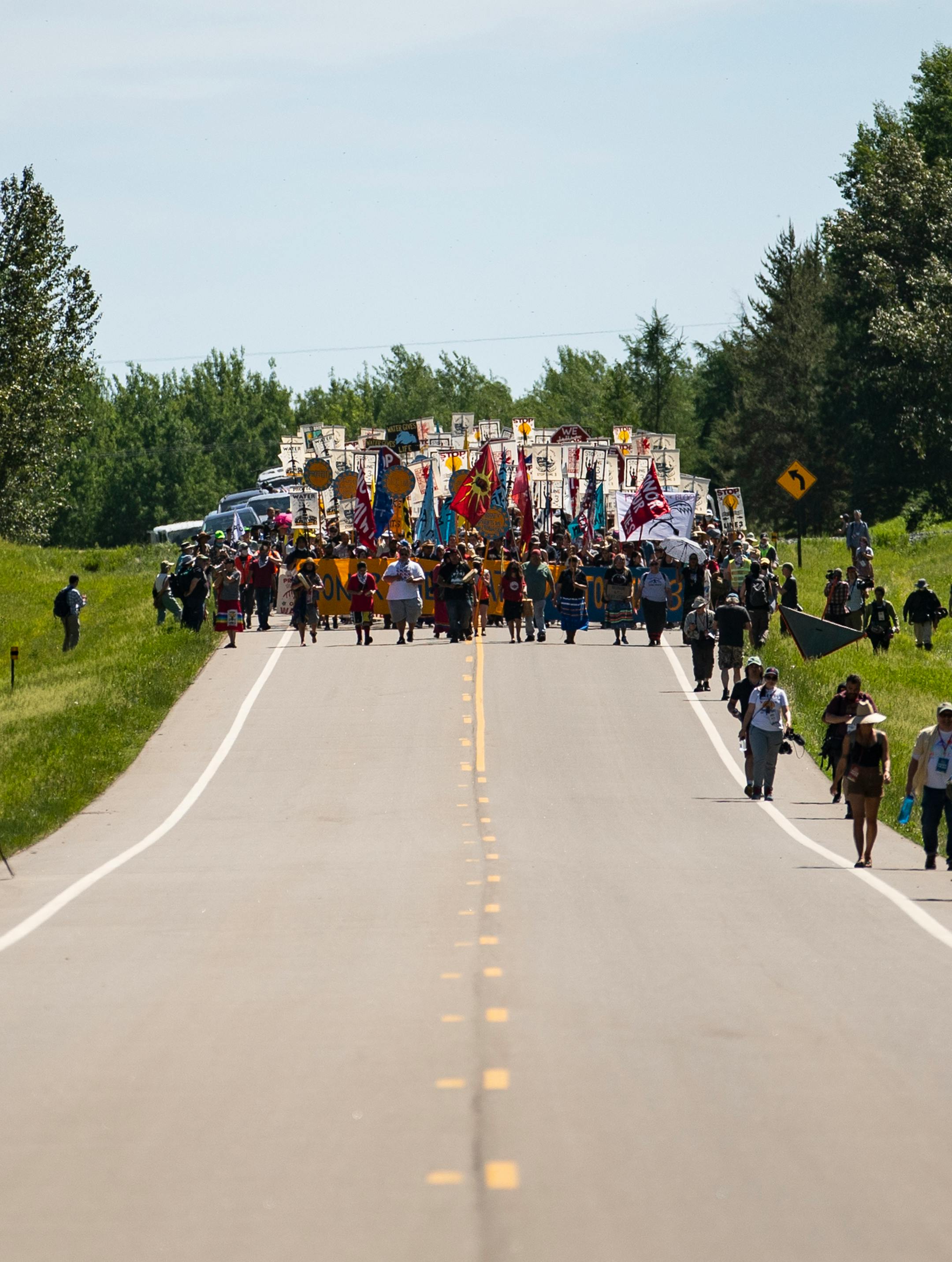 Over 2,000 indigenous leaders and water protectors from around the country marched along Highway 9 in Clearwater County, Minn. on Monday, June 7, 2021 to protest the construction of Enbridge Line 3.