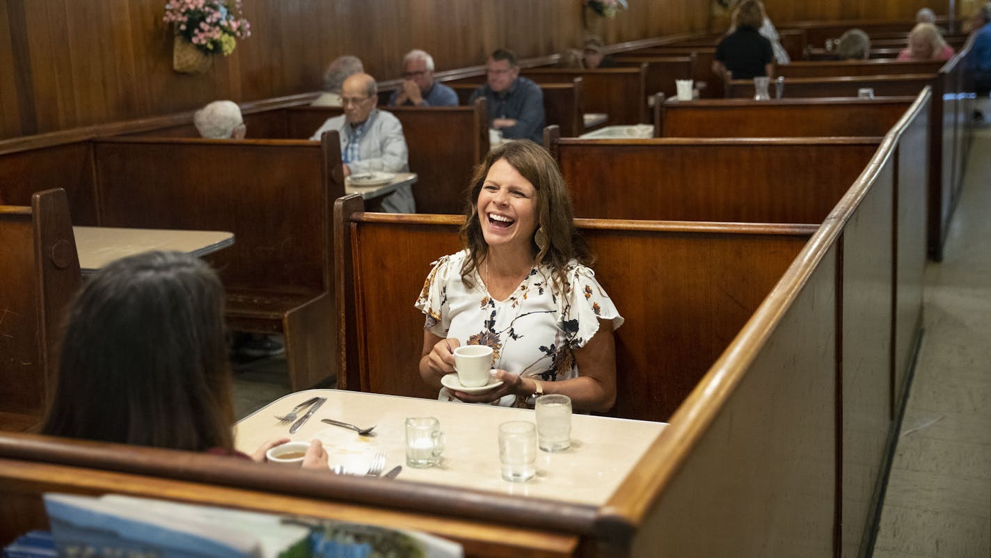 (Left) Jess Steinbrenner met with Angie Leitch as part of the "grad-a-bite" program. The goal is to welcome people into the community, like Angie, who moved to Fergus Falls in June from Maple Grove, MN to be closer to family.]
ALEX KORMANN &#x2022; alex.kormann@startribune.com There has been a recent trend in Minnesota where people in their 30s and 40s are moving from the Twin Cities back to rural towns in Northern Minnesota. Fergus Falls is a top destination for these "rural rebounders". It is