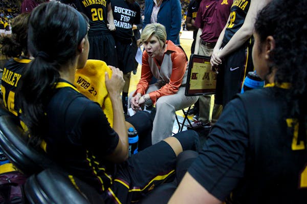 Minnesota head coach Marlene Stollings, center, talks with her team during the second half of an NCAA college basketball game against Iowa, Sunday, Ma