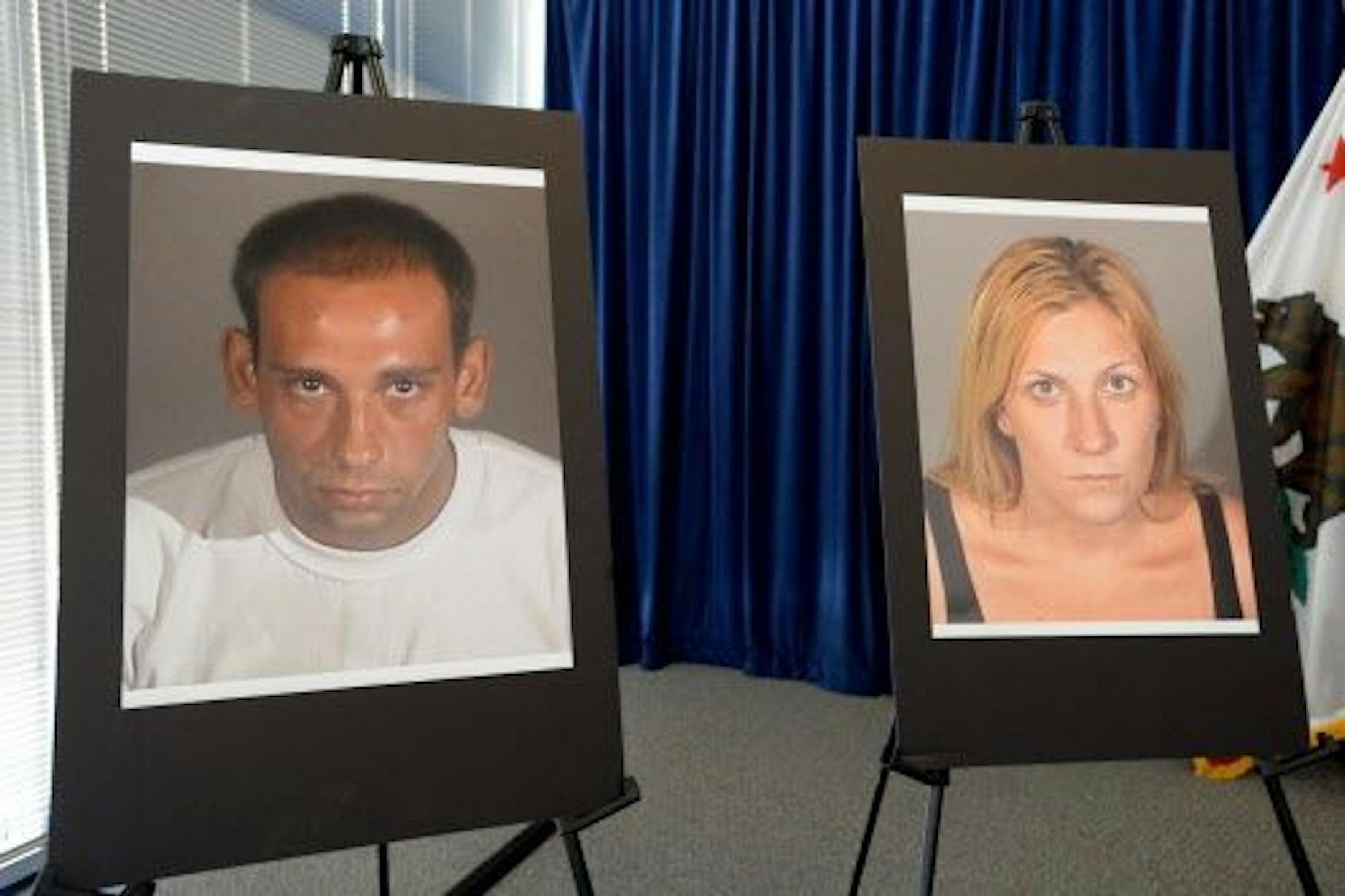 During a news conference Thursday, July 24, 2014, in Long Beach, Calif., police display photos of Gus Adams and Andrea Miller.