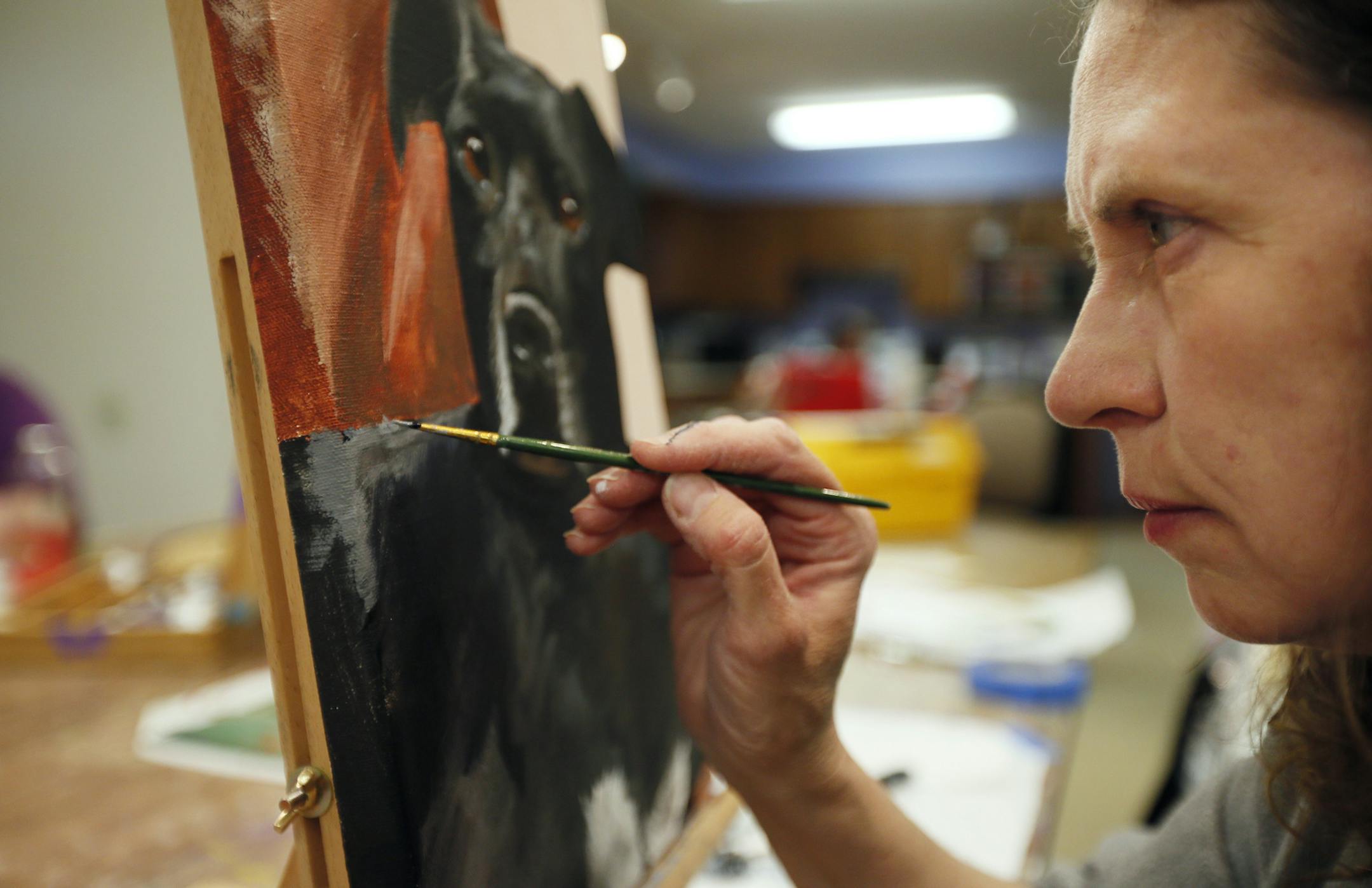 Diane Colonga painted a portrait of he sister's dog "Georgia" during a art class at the Eagan Art HouseTuesday April, 09 2013 in Eagan, MN. ] JERRY HOLT ‚Ä¢ jerry.holt@startribune.com