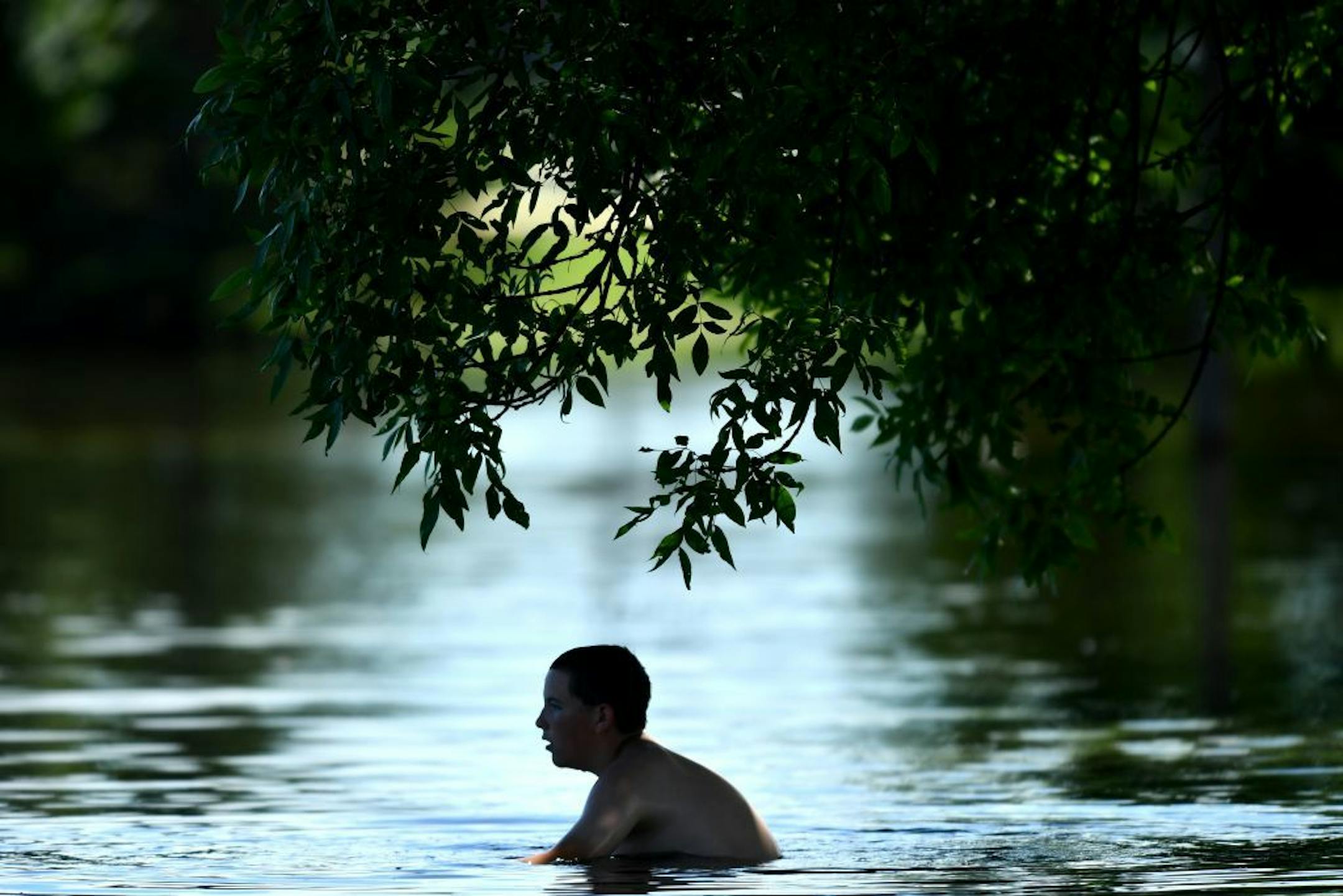 Nate Heil, 13, of Willmar, played in the floodwaters opposite Bill Taunton Stadium in Willmar Thursday.