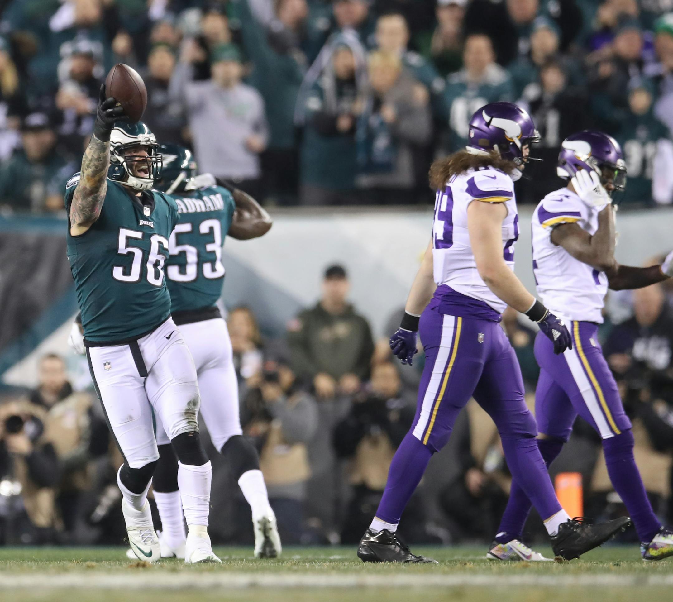 Eagles defensive end Chris Long (56) celebrated after recovering a fumble by Vikings quarterback Case Keenum in the second quarter during the NFC Championship game at Lincoln Financial Field in Philadelphia. ] JERRY HOLT � jerry.holt@startribune.com