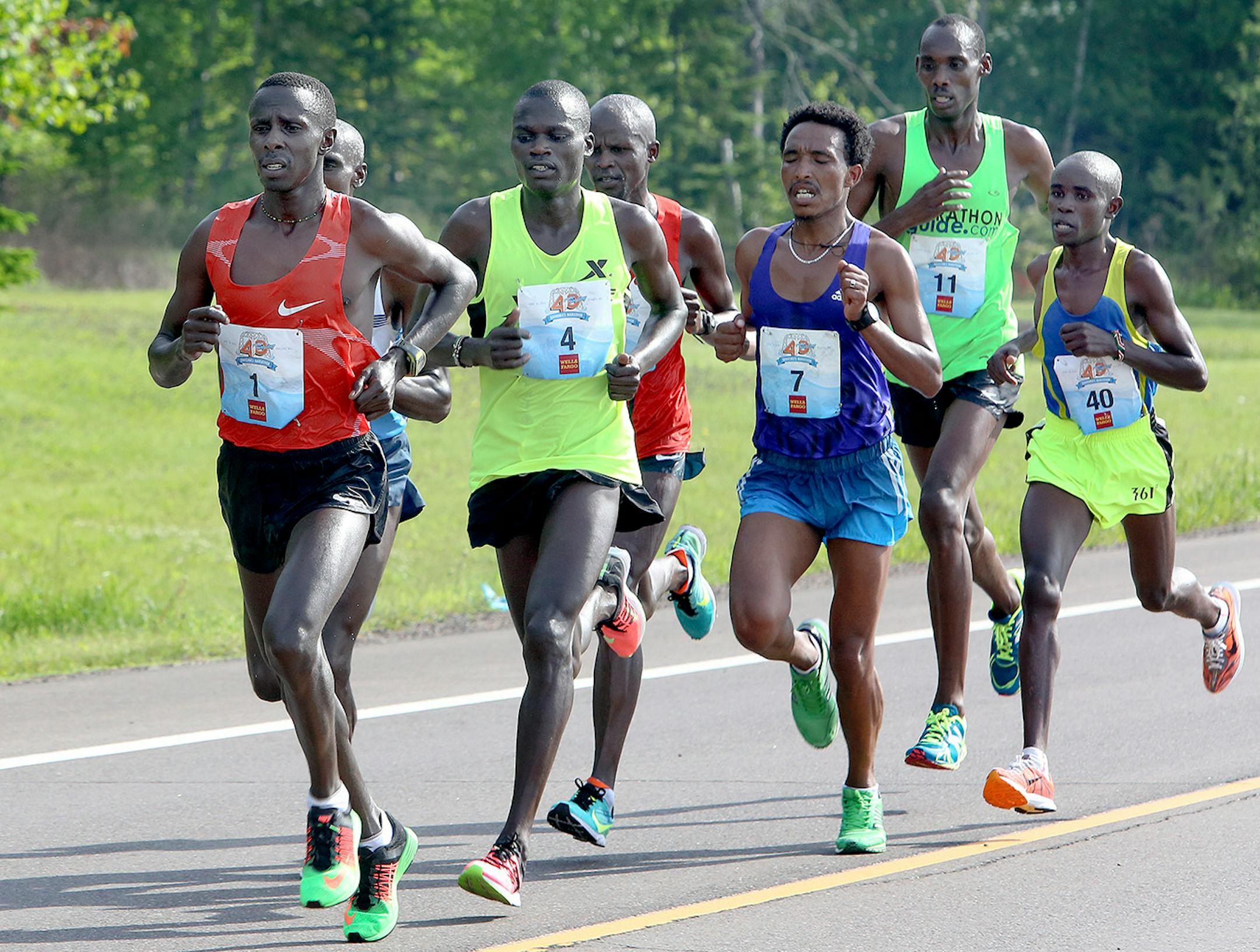 The front-running men near the Talmadge River during Grandma�s Marathon Saturday.