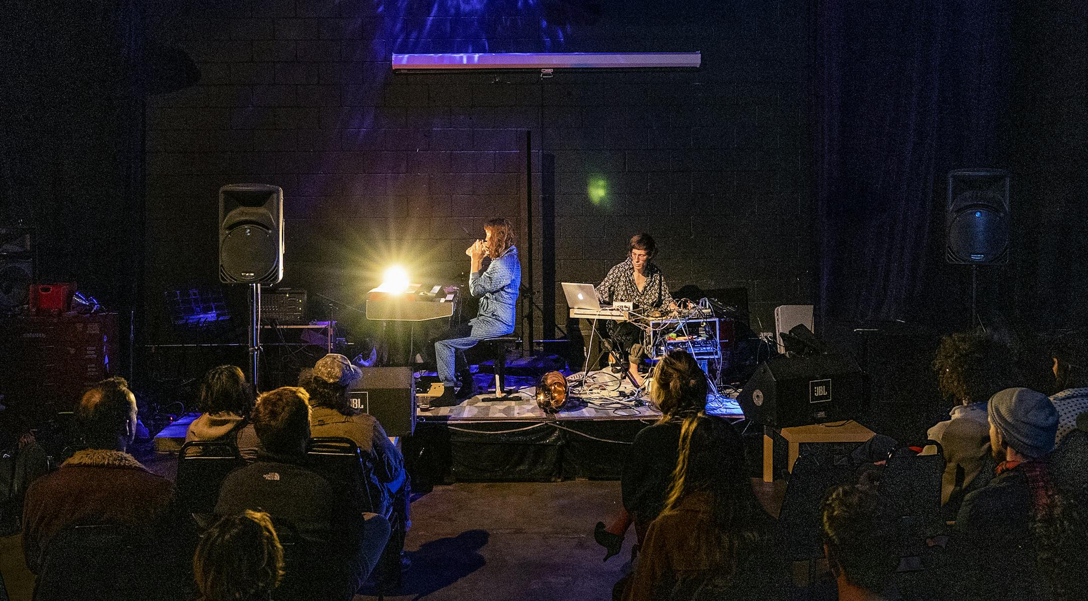 M. Raben and P. Simon performed at Moon Palace Books in Minneapolis. ] CARLOS GONZALEZ &#xef; cgonzalez@startribune.com - October 24, 2018, Minneapolis, MN, Moon Palace Books, Three local experimental/electronic acts are playing for a release party by the Drone Band, also including Lynn Avery.