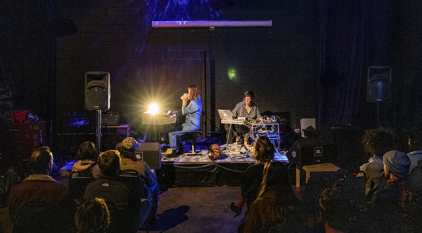 M. Raben and P. Simon performed at Moon Palace Books in Minneapolis. ] CARLOS GONZALEZ &#xef; cgonzalez@startribune.com - October 24, 2018, Minneapolis, MN, Moon Palace Books, Three local experimental/electronic acts are playing for a release party by the Drone Band, also including Lynn Avery.