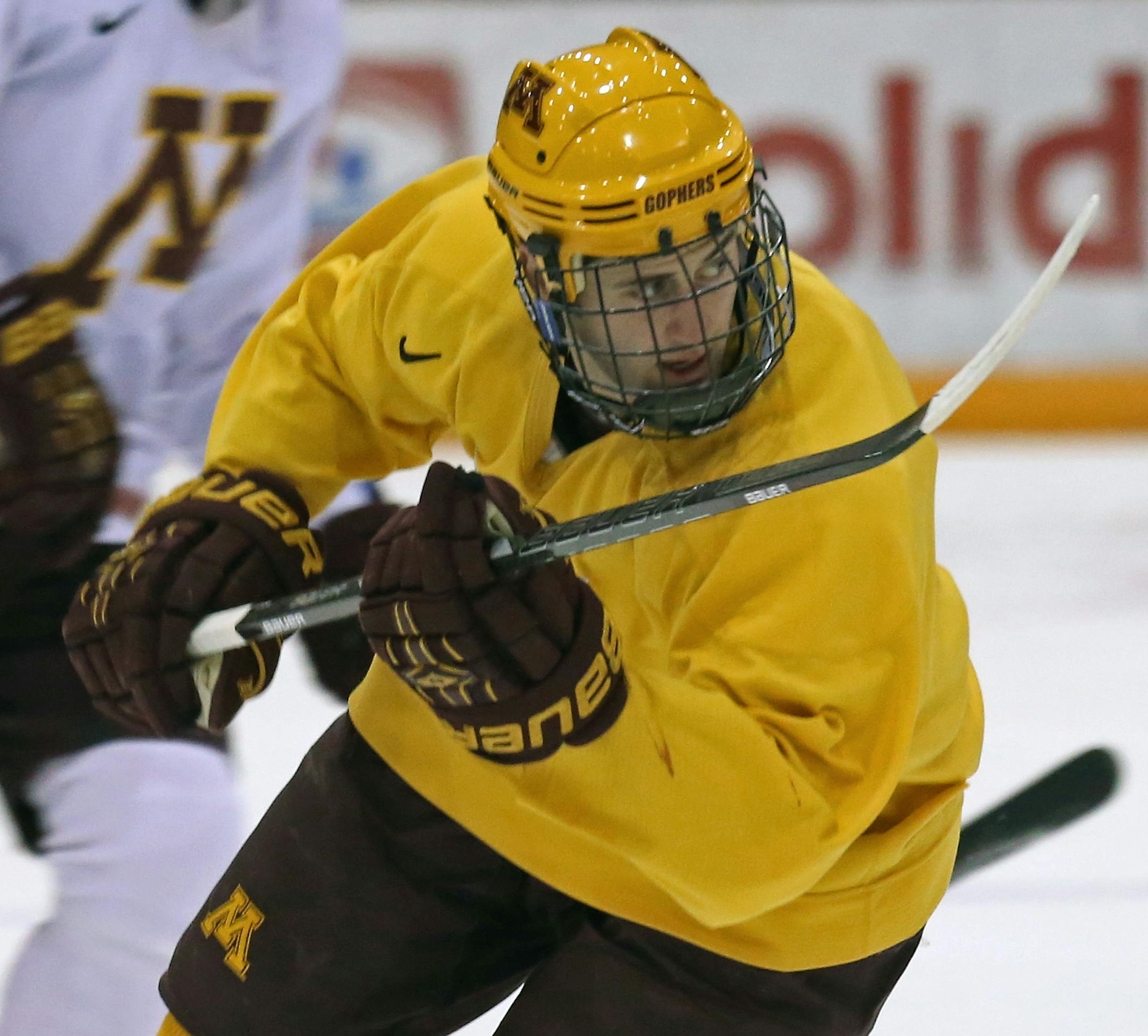 University of Minnesota Gopher hockey senior co-captain Nate Condon skated during practice on 11/20/13. Condon is the first non-Minnesotan to be captain since 2004 and is just the third Wisconsin native to play for the Gophers.] Bruce Bisping/Star Tribune bbisping@startribune.com Nate Condon/roster.