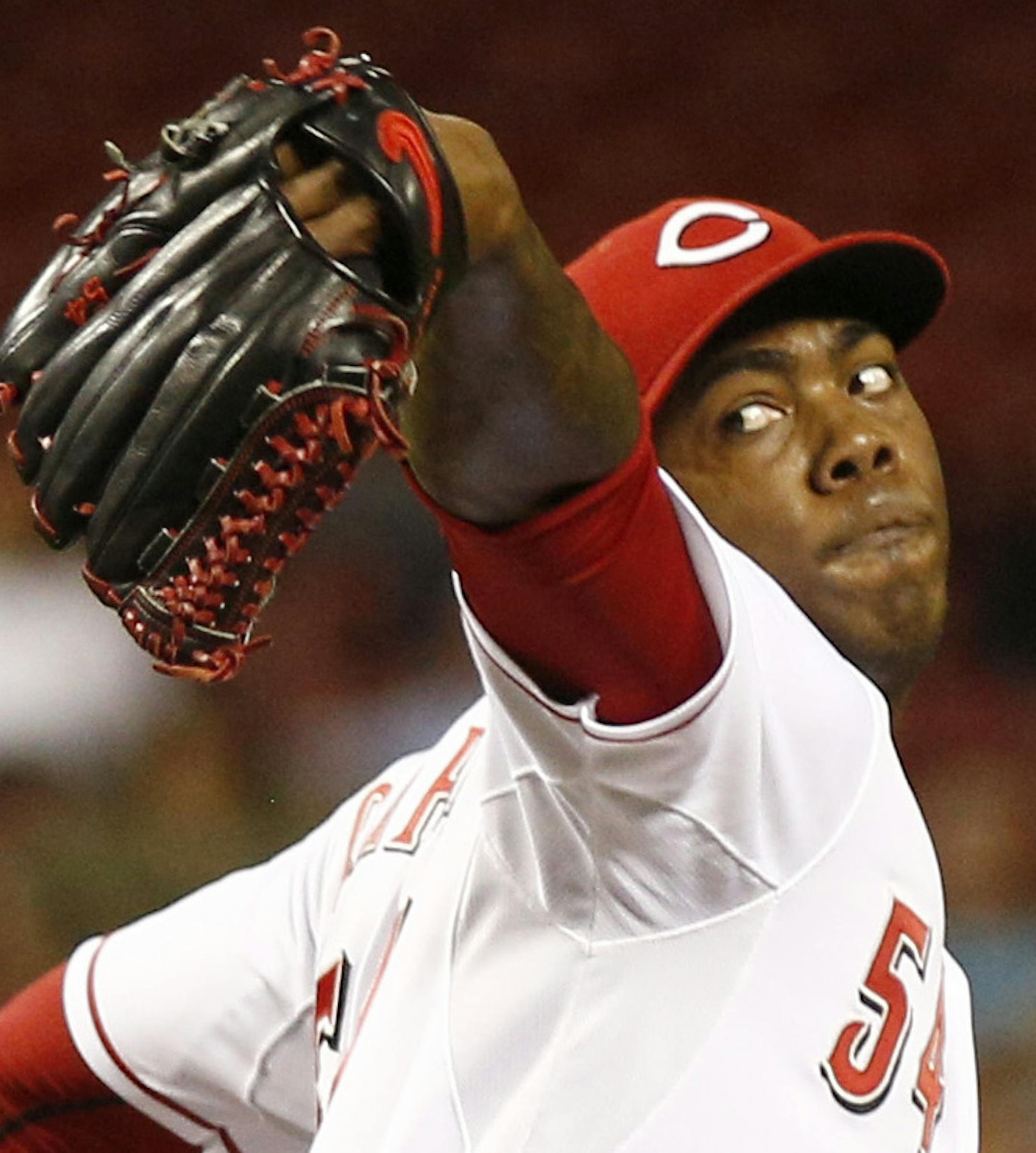 Cincinnati Reds relief pitcher Aroldis Chapman throws against the Milwaukee Brewers in the ninth inning of a baseball game, Tuesday, Sept. 23, 2014, in Cincinnati. The Reds won 3-1. (AP Photo/David Kohl) ORG XMIT: OHDK101