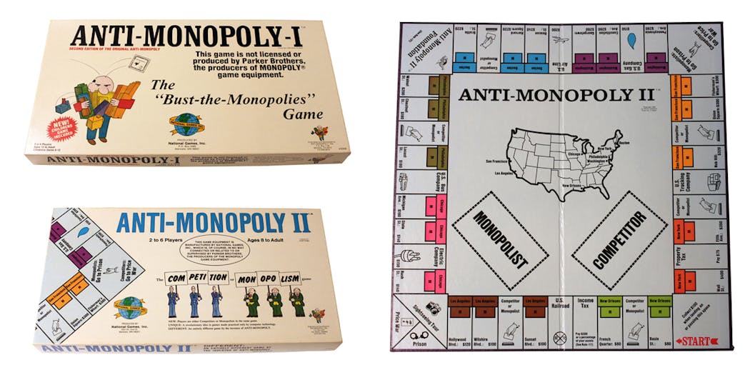 A collage of Anti-Monopoly and its sequel, Anti-Monopoly II, which were produced in Mankato.