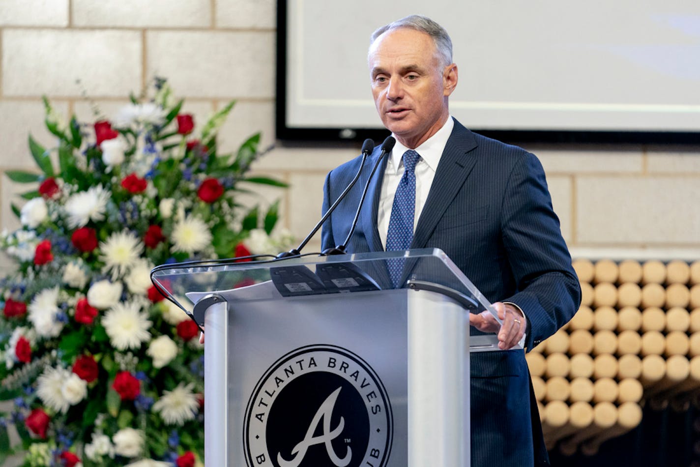 Major League Baseball Commissioner Rob Manfred speaks during "A Celebration of Henry Louis Aaron," a memorial service celebrating the life and enduring legacy of the late Hall of Famer and American icon, on Tuesday, Jan. 26, 2020, at Truist Park in Atlanta. (Kevin D. Liles/Atlanta Braves via AP Pool)