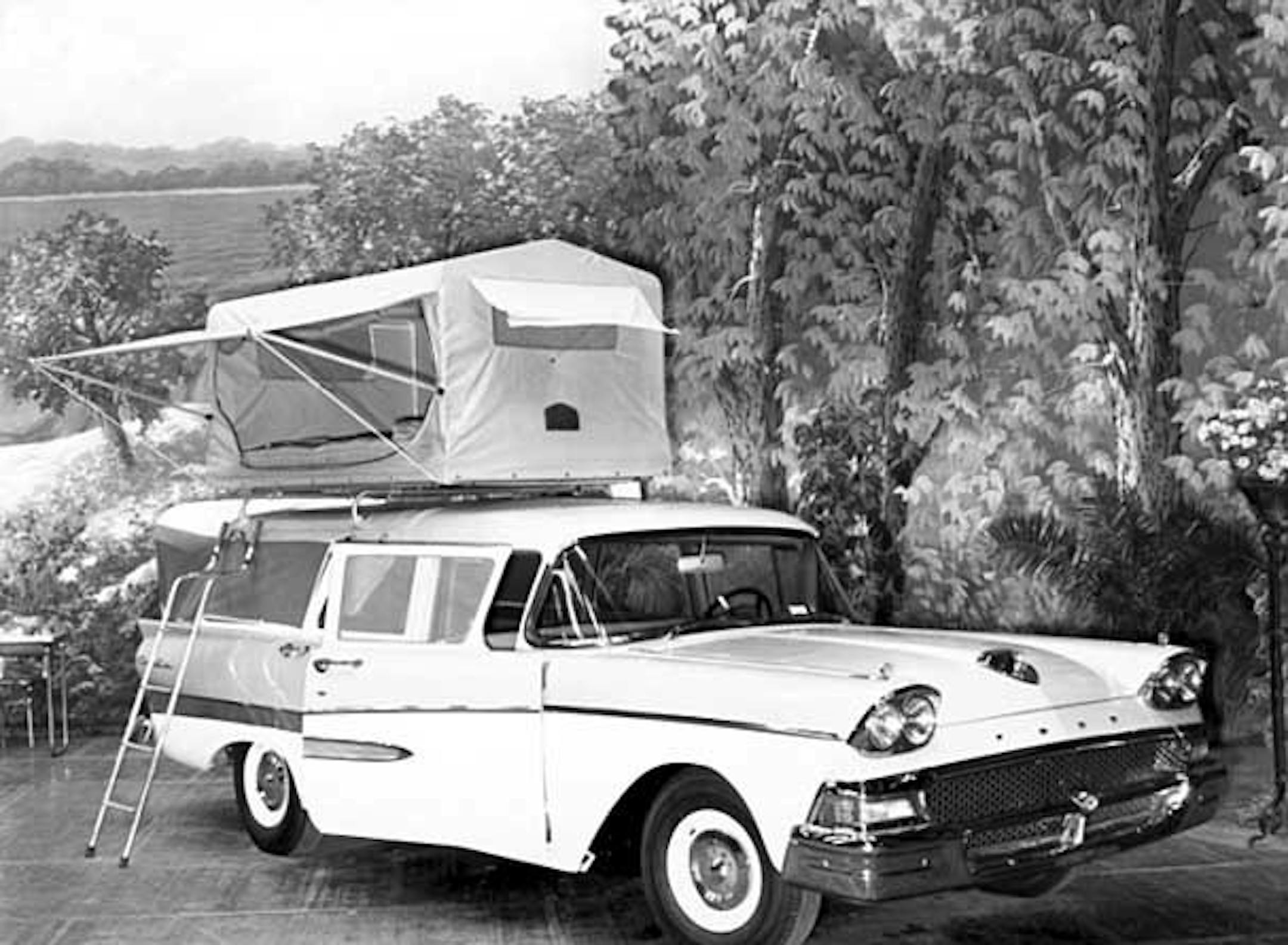 From Minnesota Historical Society. Tent mounted on top of a station wagon, Sportsmen's Show, 1958.