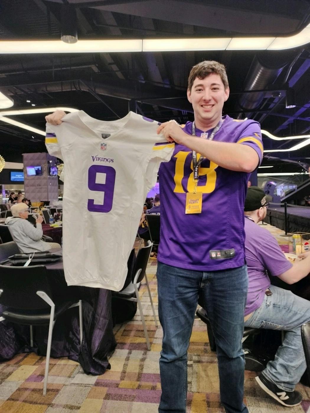 Quinn Jurgens of Eden Prairie had a Vikings No. 9 jersey ready for quarterback J.J. McCarthy at the team's draft party at U.S. Bank Stadium on Thursday.