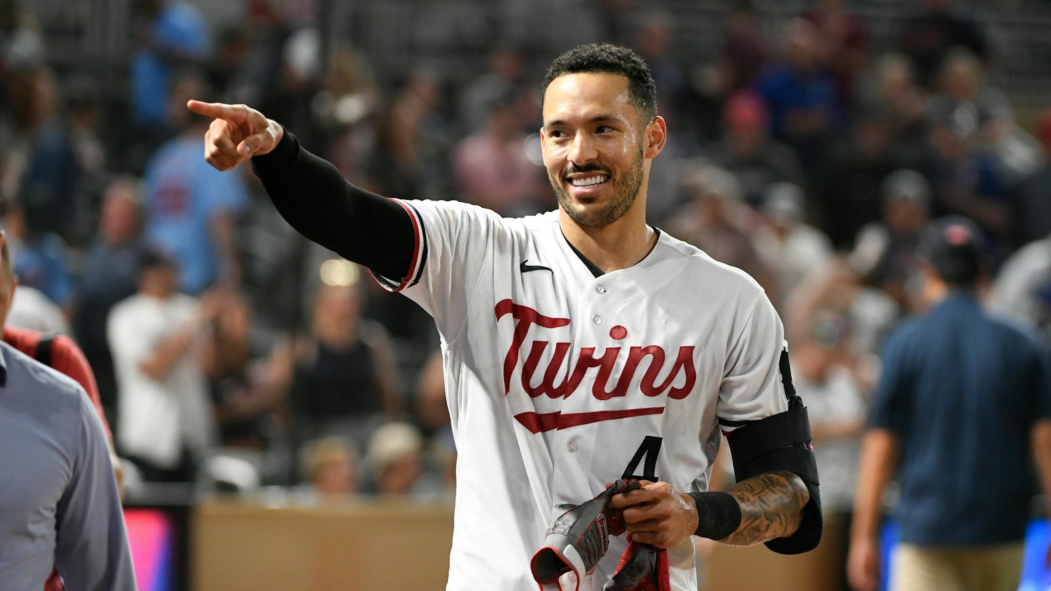 Minnesota Twins' Carlos Correa celebrates after hitting a walk-off two-run home run against the Milwaukee Brewers during the ninth inning of a baseball game, Tuesday, June 13, 2023, in Minneapolis. Twins won 7-5. (AP Photo/Craig Lassig)