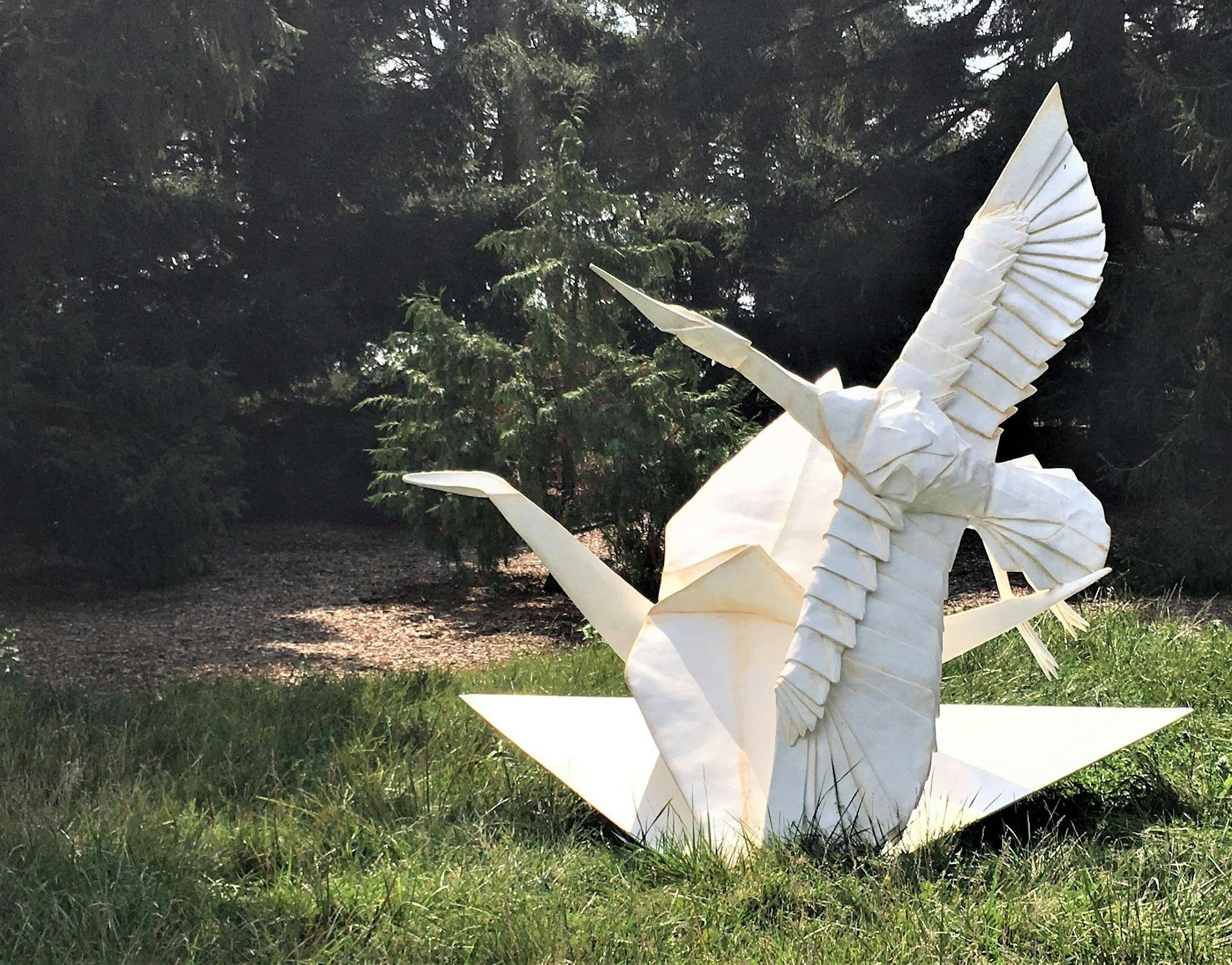 Origami-inspired metal sculptures by Kevin Box and Robert J. Lang take flight at the Minnesota Landscape Arboretum's new exhibit "Origami in the Garden."