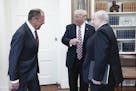 From left, Russia's Foreign Minister Sergei Lavrov, U.S. President Donald Trump, and Russian Ambassador to the United States Sergei Kislyak talk durin
