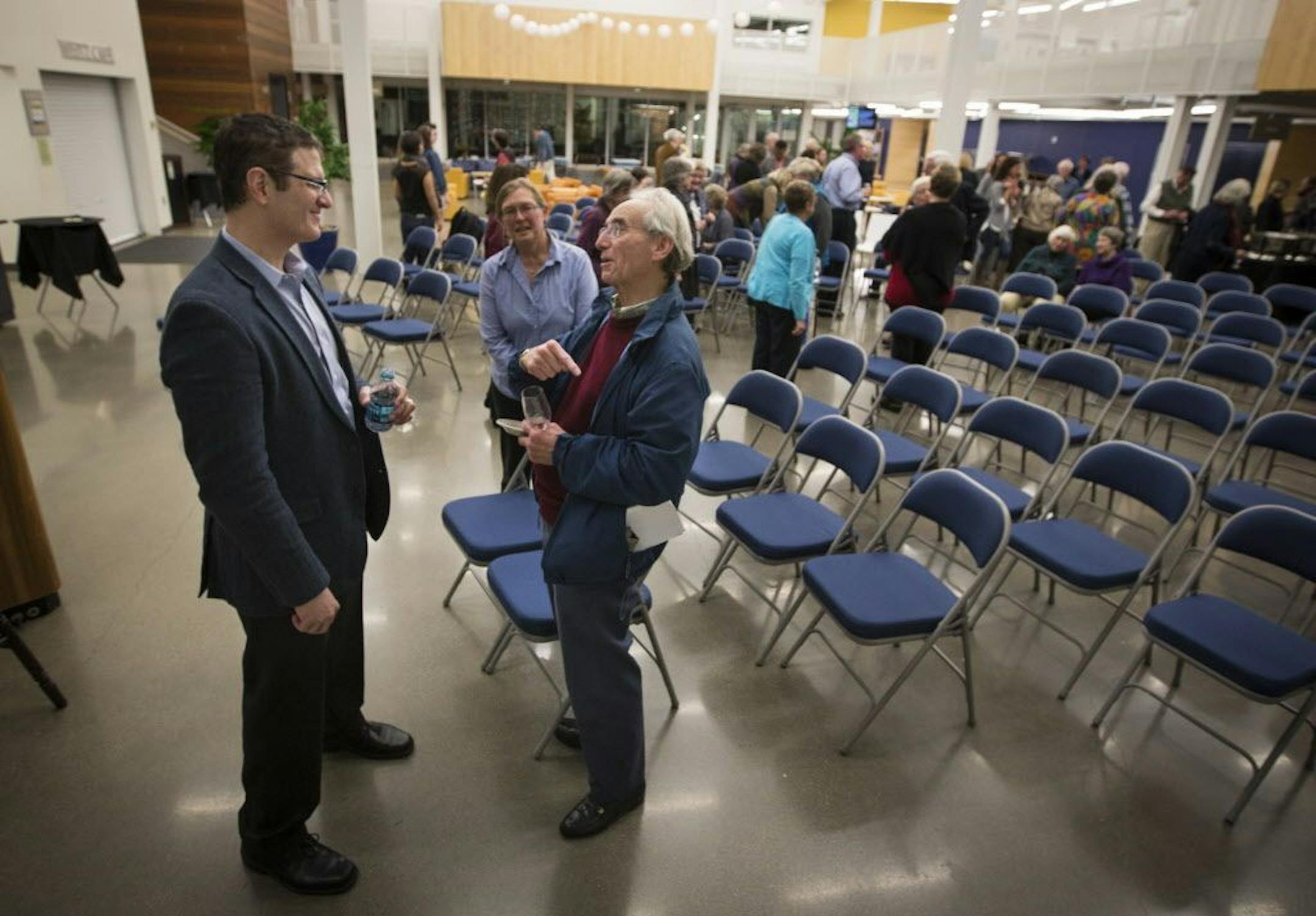 Since he took over as new leader of the Guthrie in July, Joe Haj has been introducing himself to patrons across the Twin Cities and the state. At Carleton College in Northfield, Minn., on Tuesday, November 3, 2015, after he spoke to the crowd, Haj had a discussion with Philip Spensley (at right).