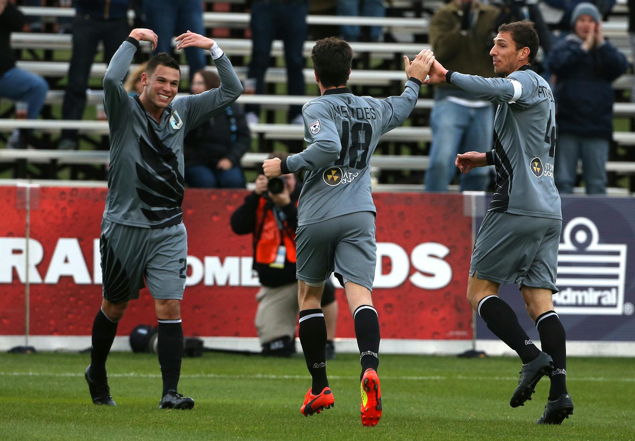 Minnesota United FC's Christian Ramirez, Daniel Mendes and Aaron Pitchkolan celebrated a goal earlier this season.