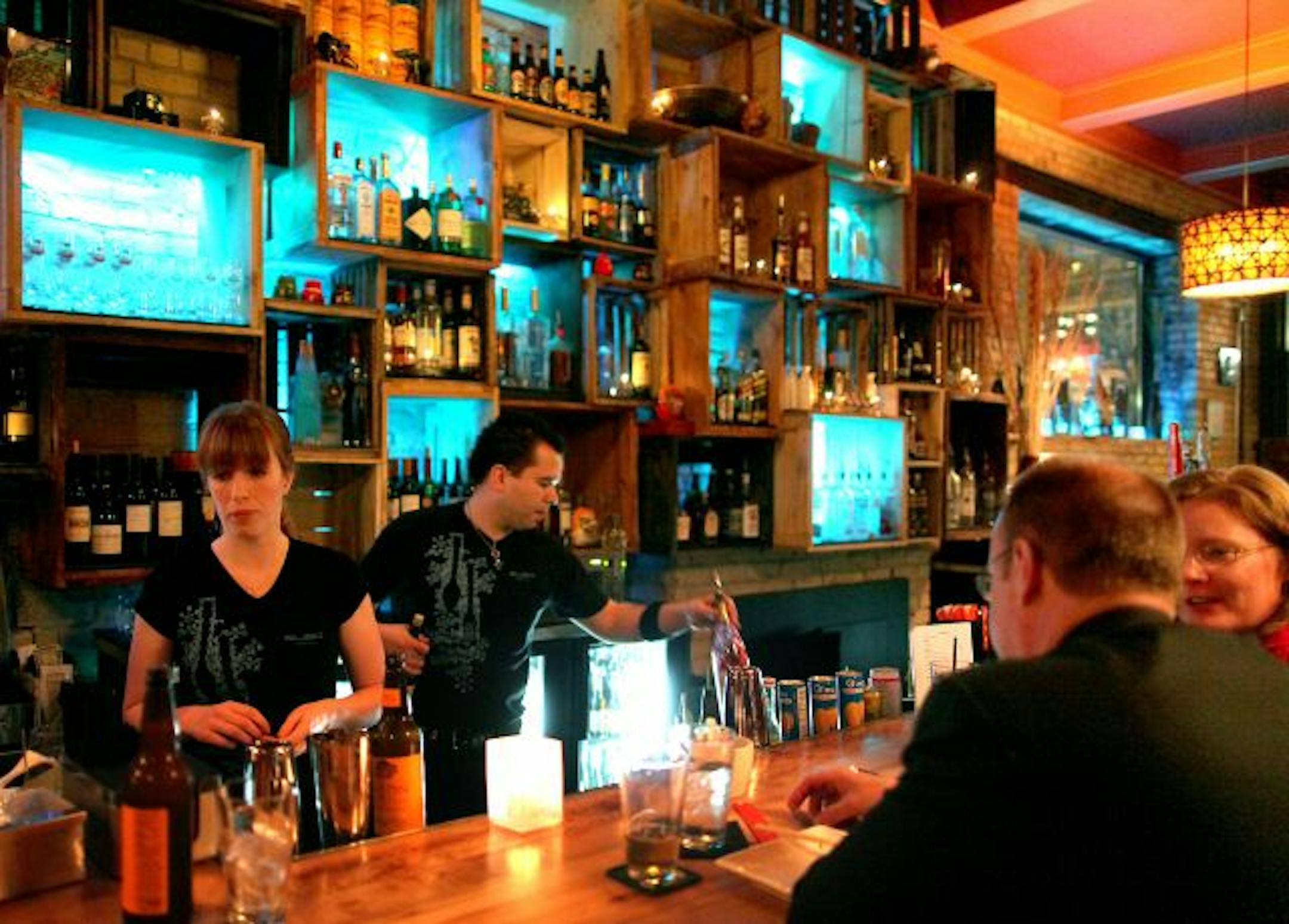 Subo is a good spot for a happy hour gathering, sporting a unusual backbar made of shipping crates.