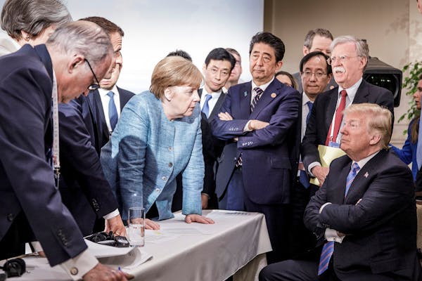 President Donald Trump with world leaders at the G-7 summit meeting in Canada in June 2018.