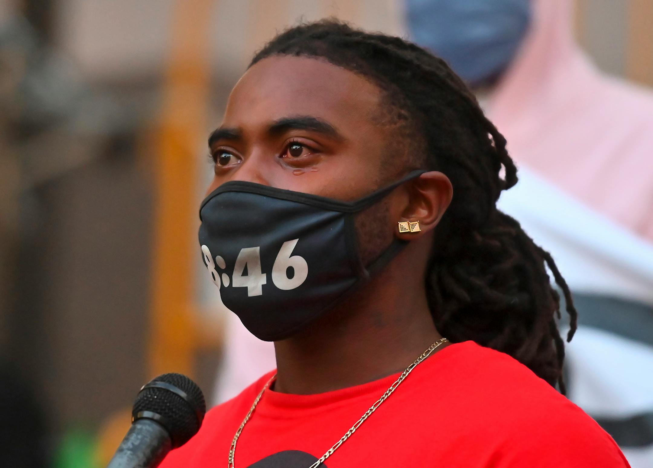 Cortez Rice, 31, of Minneapolis, cried as he called for justice at Thursday night�s protest outside the Hennepin County Government Center. Rice says Floyd was his uncle, related by loyalty, not blood. Rice says he marched to Washington D.C. to call for justice for his uncle, encountering racist incidents along the way.