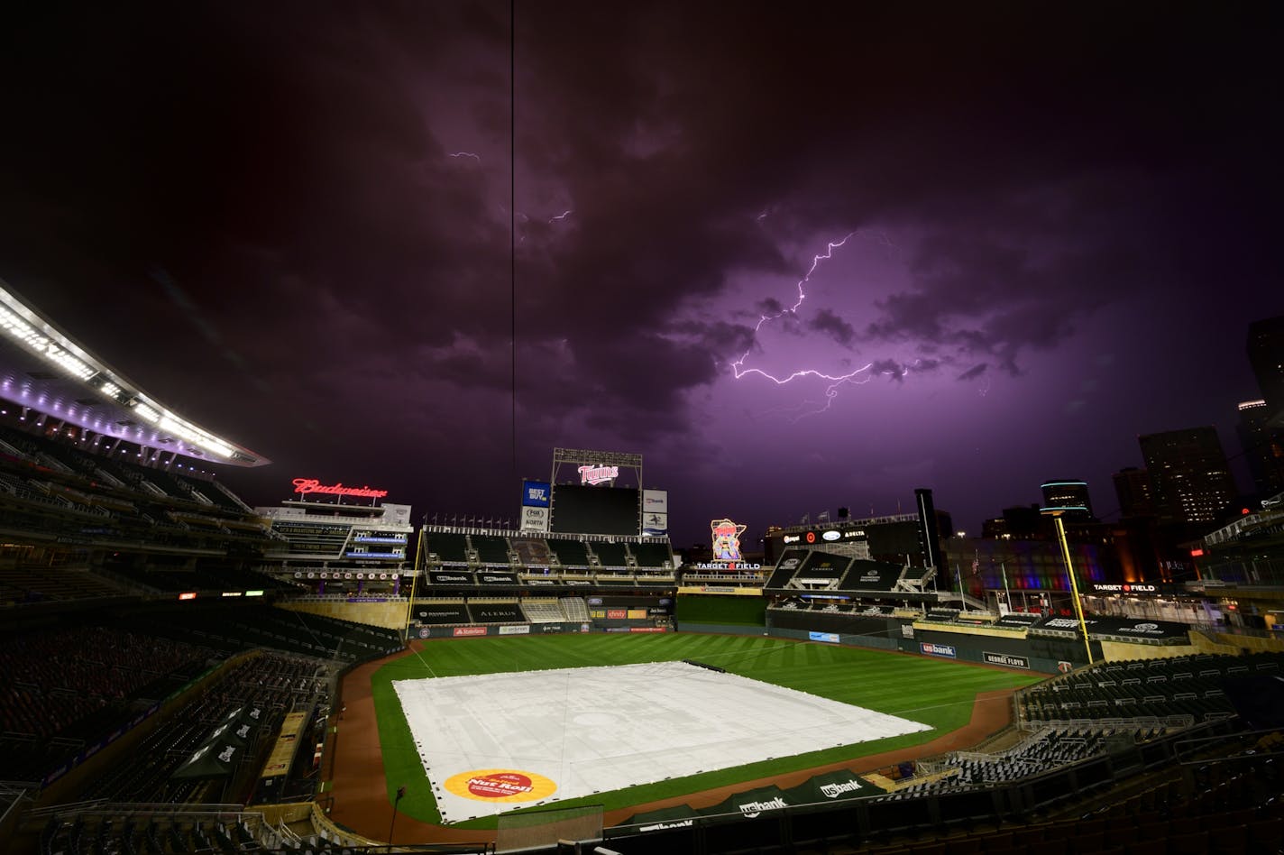 Lightning at Target Field after Friday night's game between the Minnesota Twins and the Kansas City Royals was postponed due to weather.