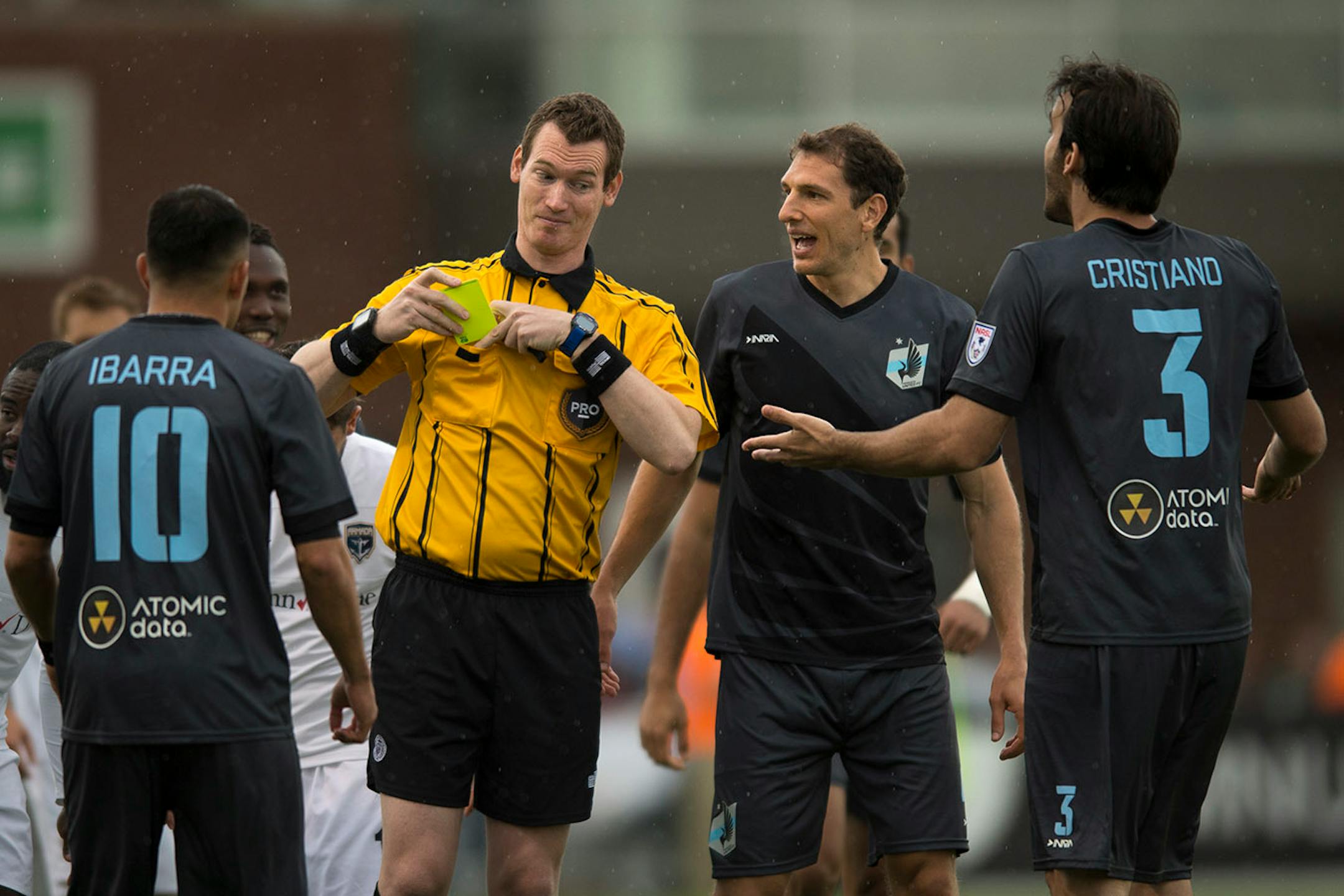 Minnesota United FC's Cristiano Dias (3) argued a foul call with referee Daniel Fitzgerald in the opening minute of Saturday night's game against Jacksonville. ] Aaron Lavinsky • aaron.lavinsky@startribune.com Minnesota United FC played Jacksonville on Saturday, May 23, 2015 at the National Sports Center in Blaine.