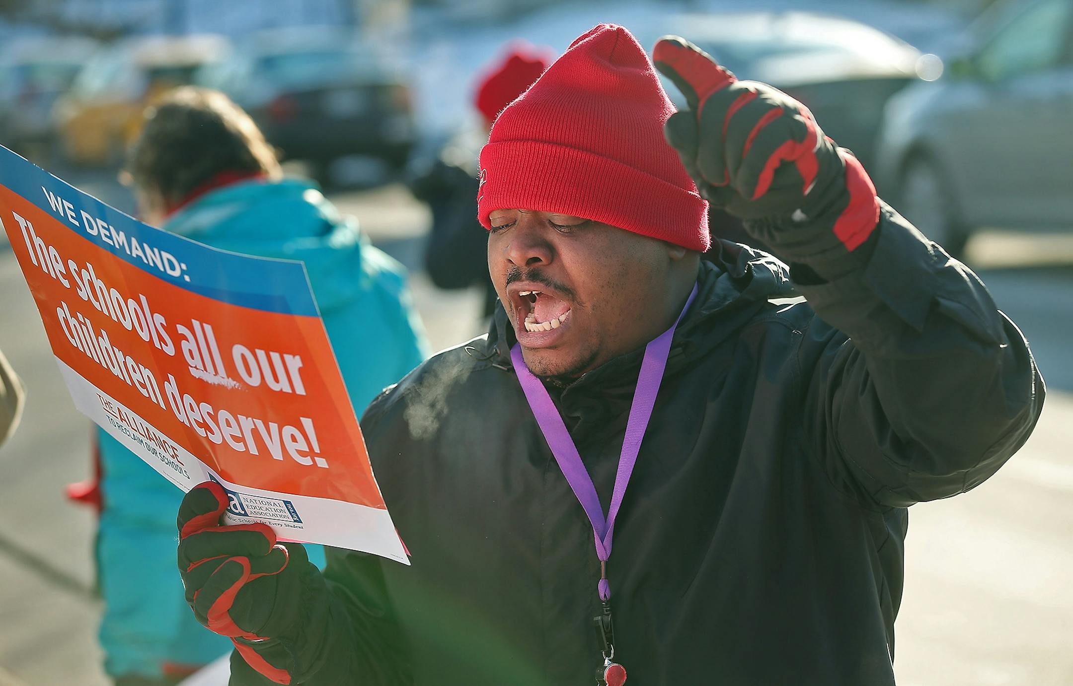 James Matias, a concerned parent, helped lead a rally in support of teachers and other parents as they gathered at the American Indian Magnet School, Wednesday, February 17, 2017 in St. Paul, MN. The St. Paul teachers union joined18 other locals across the nation Wednesday in hosting "walk in" events in support of neighborhood schools -- and its contract demand.