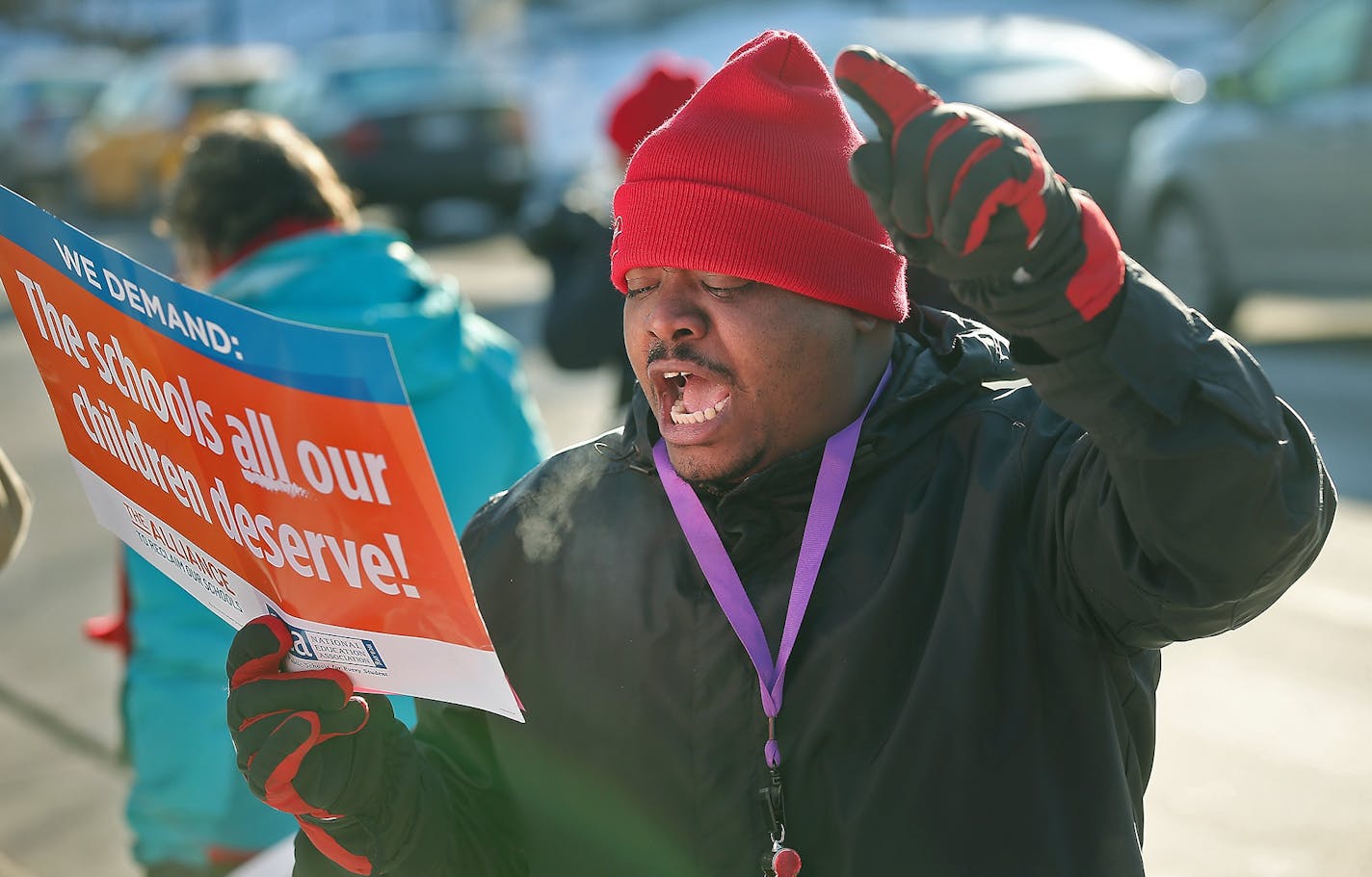 James Matias, a concerned parent, helped lead a rally in support of teachers and other parents as they gathered at the American Indian Magnet School, Wednesday, February 17, 2017 in St. Paul, MN. The St. Paul teachers union joined18 other locals across the nation Wednesday in hosting "walk in" events in support of neighborhood schools -- and its contract demand.