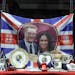 Merchandise is displayed for sale in a shop window in Windsor, England, Monday, May 14, 2018. Preparations are being made in the town ahead of the wed