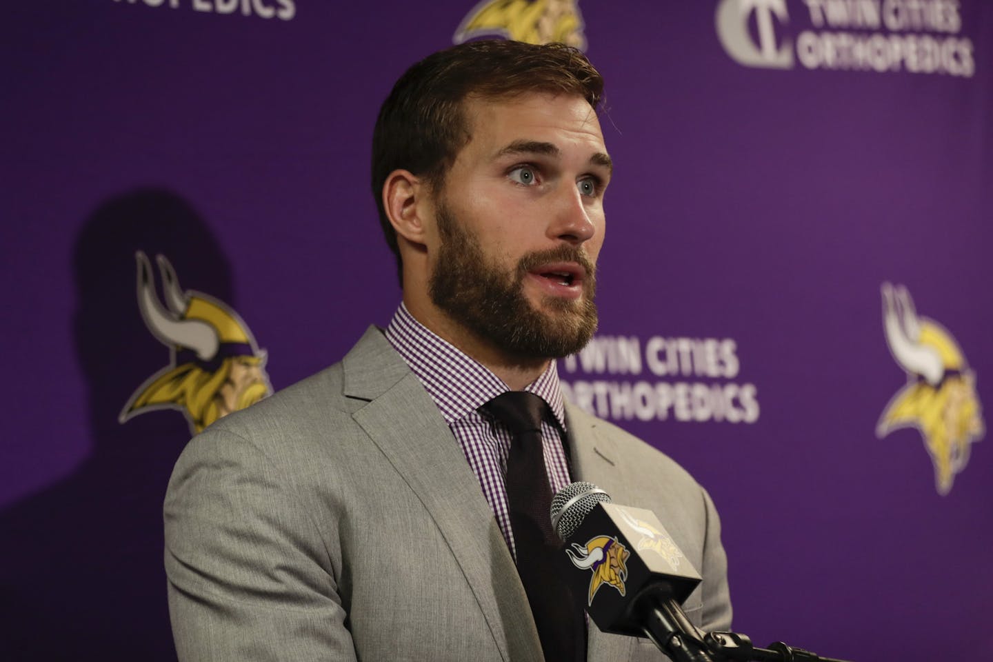 Minnesota Vikings quarterback Kirk Cousins (8) answers questions during a news conference after an NFL football game against the New York Giants, Sunday, Oct. 6, 2019, in East Rutherford, N.J. (AP Photo/Adam Hunger)