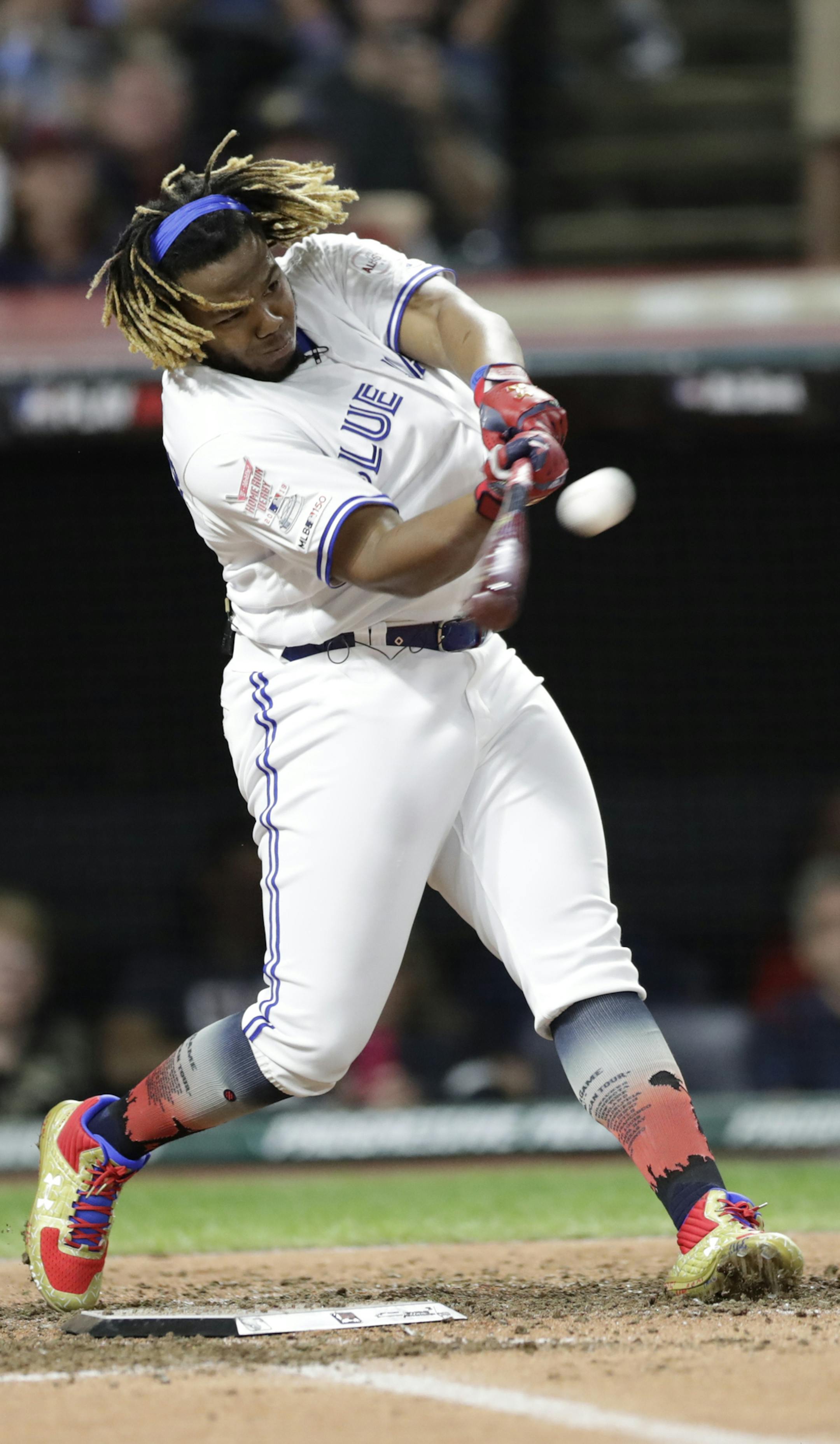 Vladimir Guerrero Jr., Toronto Blue Jays, hits during the Major League Baseball Home Run Derby, Monday, July 8, 2019, in Cleveland. The MLB baseball All-Star Game will be played Tuesday. (AP Photo/Tony Dejak)