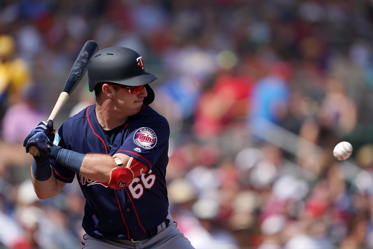 Minnesota Twins designated hitter Brent Rooker (66) eyed a pitch during Sunday's game. ] ANTHONY SOUFFLE &#x2022; anthony.souffle@startribune.com The Minnesota Twins played the Boston Red Sox for a Spring Training game Saturday, Feb. 23, 2019 at JetBlue Park at Fenway South in Fort Myers, Fla.