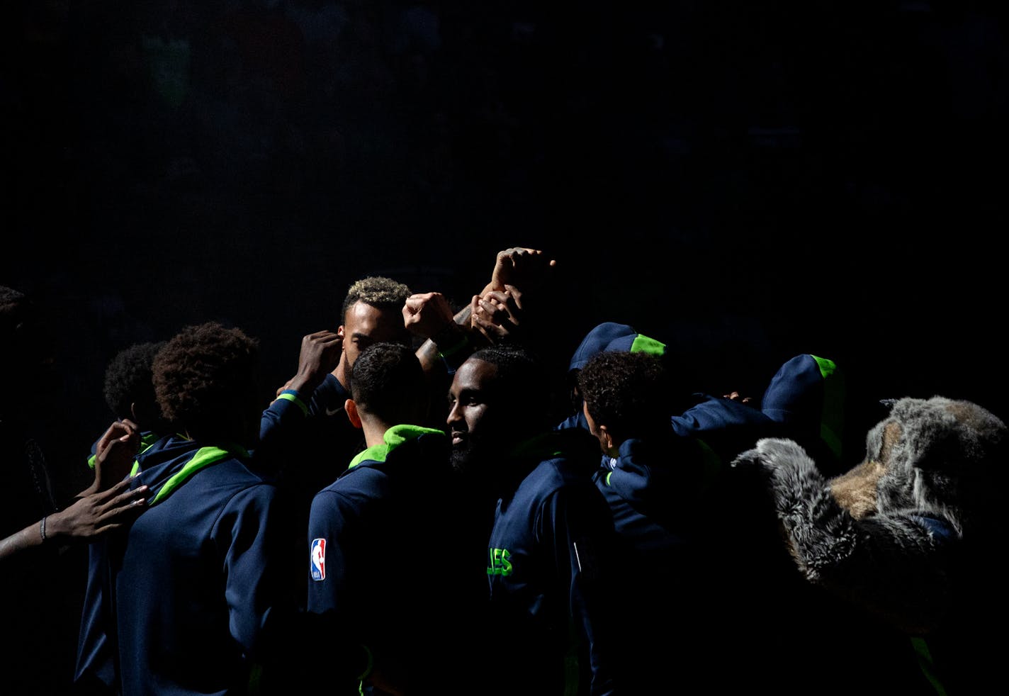 Timberwolves players huddled up before the start Wednesday's game at Target Center. The Wolves won 134-122 over the Spurs.