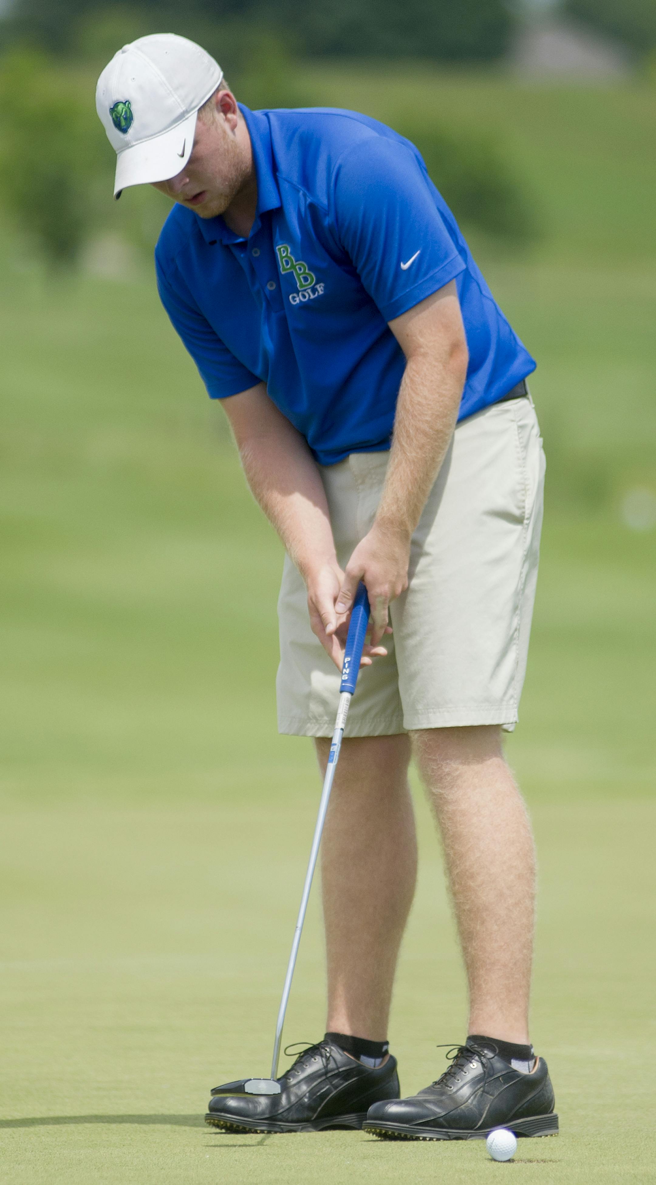 Blake's Reece Sanders sinks a put during the Class 2A boy's State Golf Tournament at Ridges at Sandcreek in Jordan, MN. ] (Matthew Hintz, 061015, Jordan)