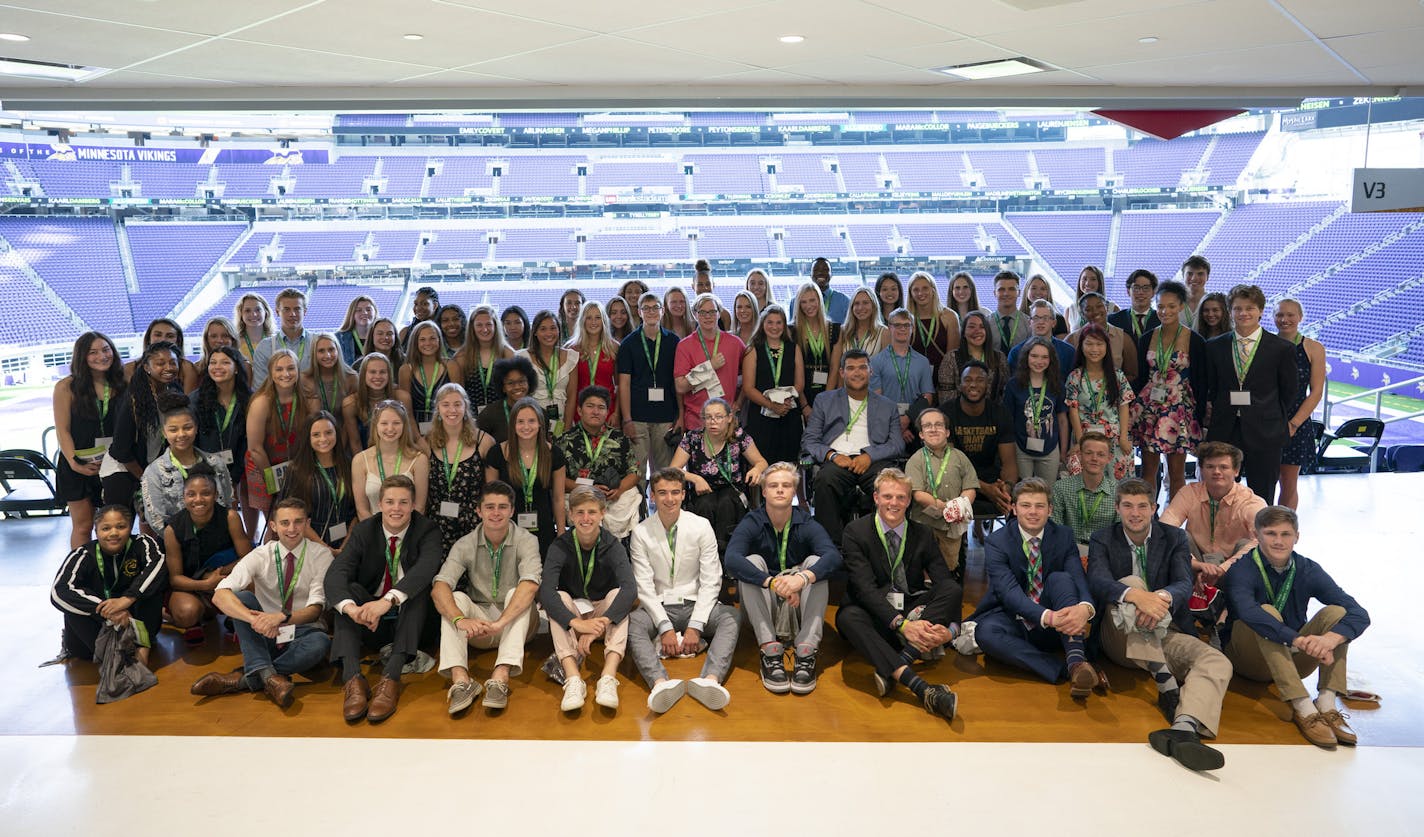 The athletes gathered around the Timberwolves' Josh Okogie and Jack Jablonski just before the banquet. ] JEFF WHEELER &#x2022; jeff.wheeler@startribune.com The second annual Star Tribune All-Metro Sports Awards were announced Tuesday night, June 25, 2019 at a banquet at U.S. Bank Stadium.