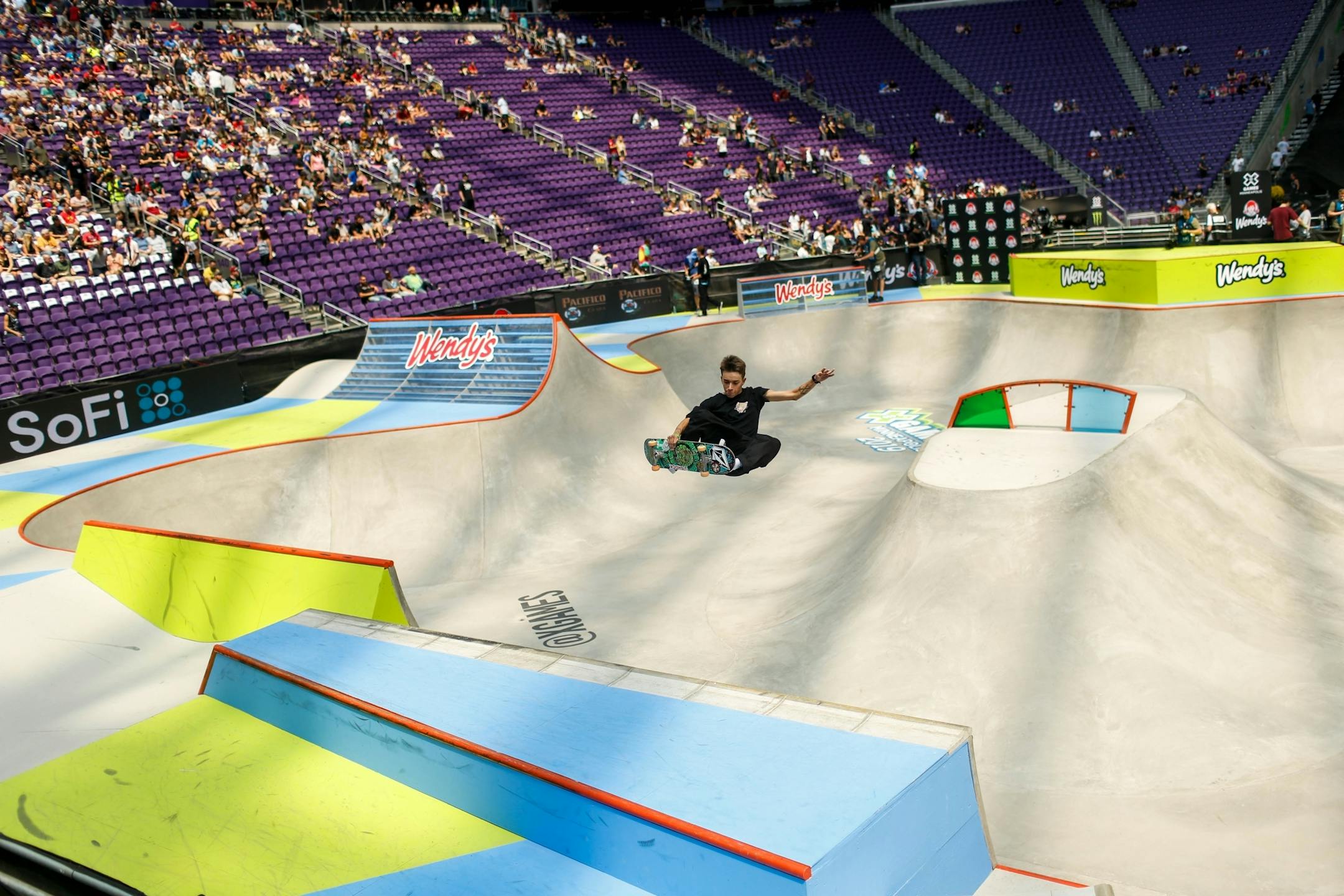 Luiz Federico practices between runs during the Wendy's Men's Skateboard Park semifinals at the X Games at U.S. Bank Stadium Sunday, August 4, 2019.