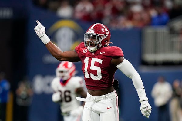 Alabama linebacker Dallas Turner, who was drafted by the Vikings on Thursday night, celebrates after stopping Georgia's offense during Southeastern Co