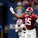 Alabama linebacker Dallas Turner, who was drafted by the Vikings on Thursday night, celebrates after stopping Georgia's offense during Southeastern Co