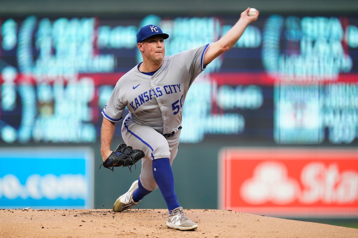 Kansas City Royals starting pitcher Kris Bubic delivers against the Minnesota Twins during the first inning of a baseball game Monday, Aug. 15, 2022, in Minneapolis. (AP Photo/Abbie Parr)